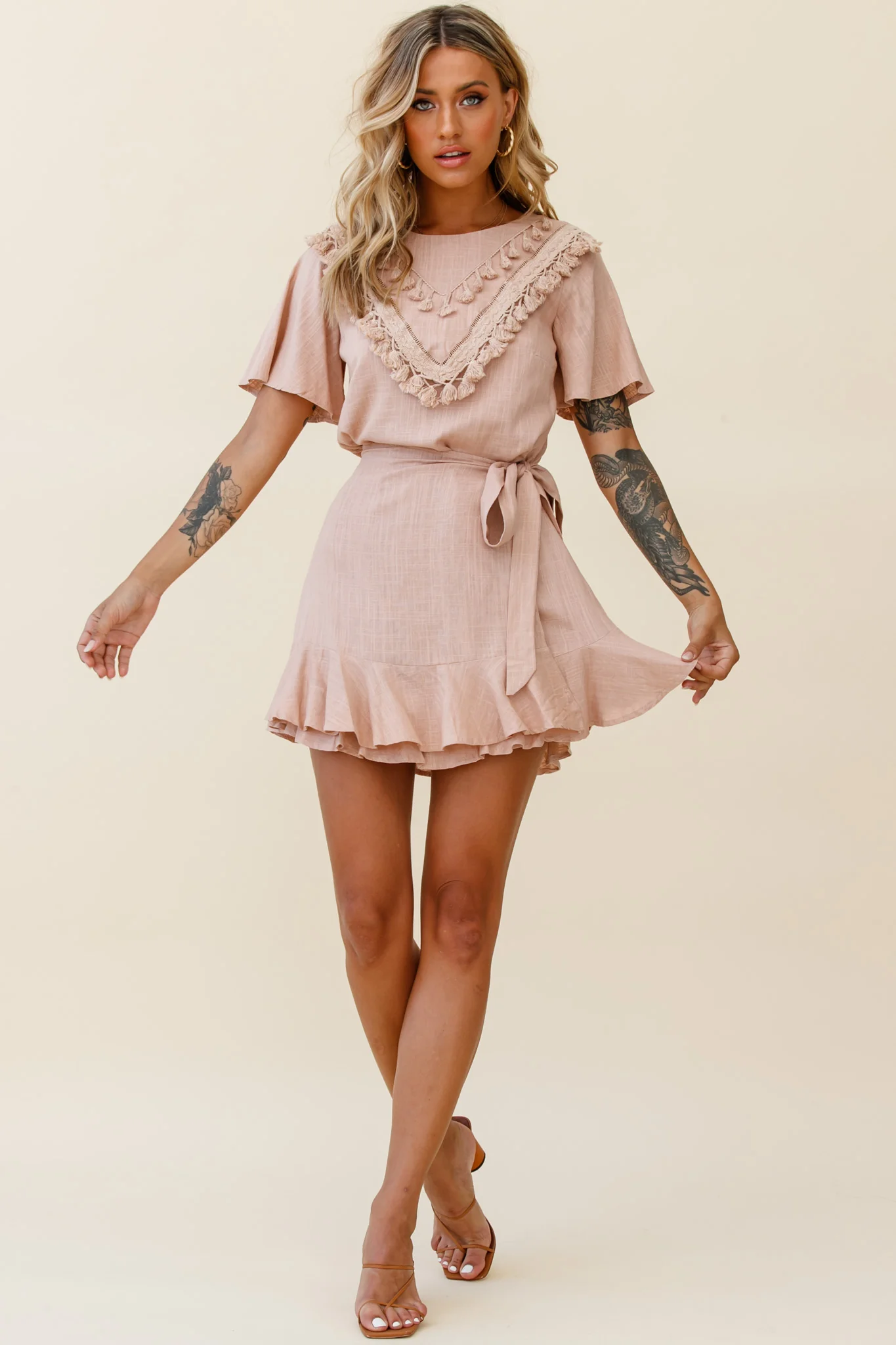 Angelique Tassel Bust Wrap Bottom Dress Mocha - Sonourner