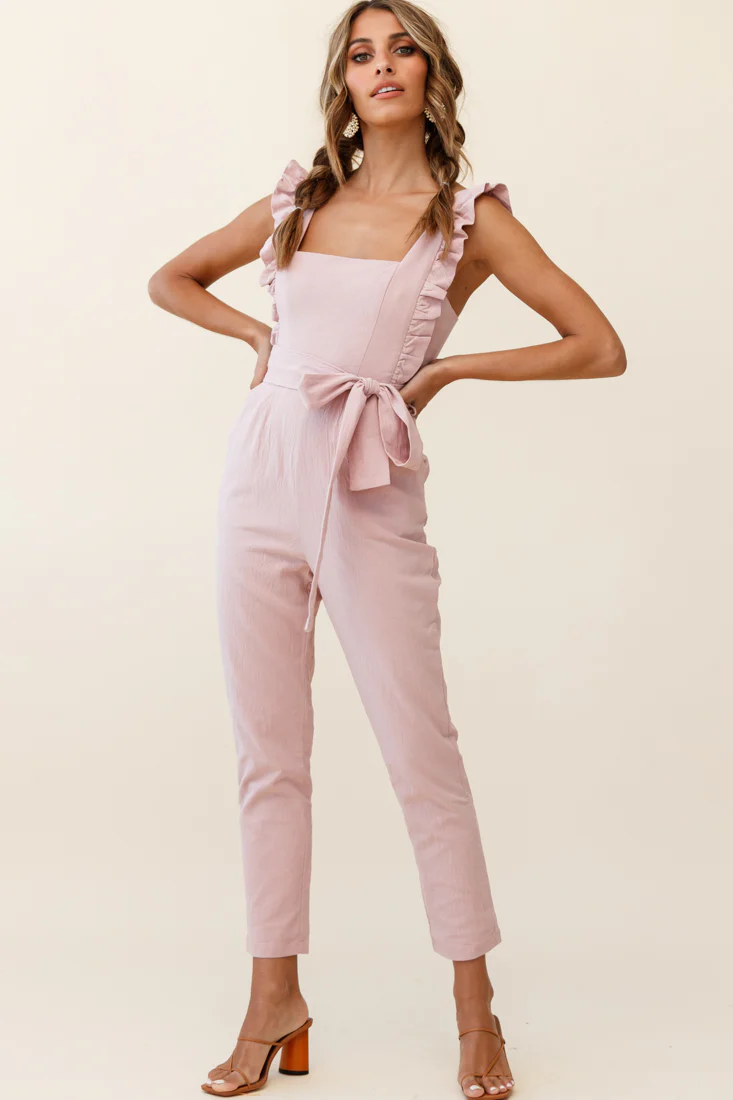 All For Love Square Neckline Ruffle Strap Jumpsuit Blush - Sonourner