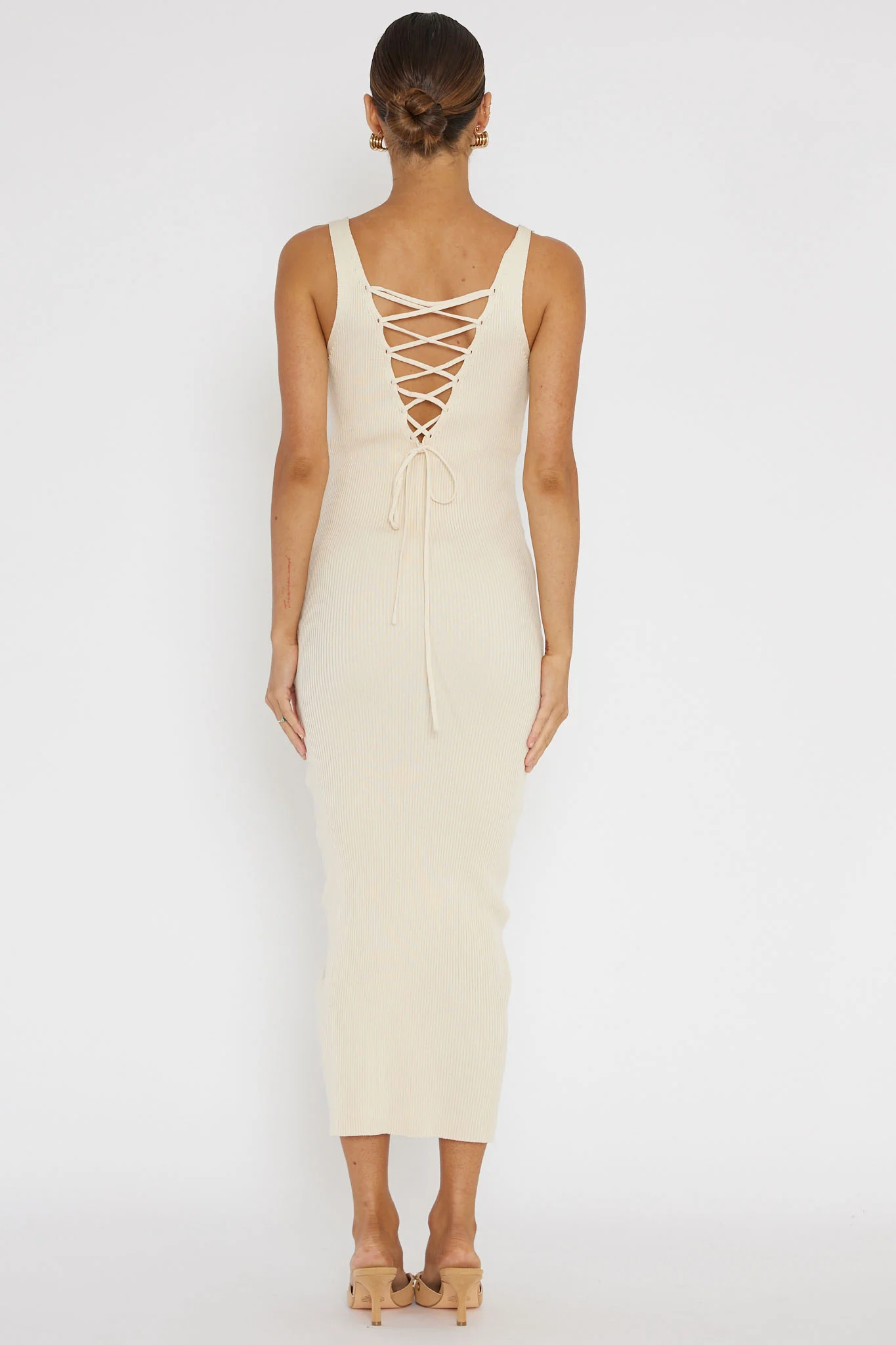 Linzi Lace-Up Back Knit Midi Dress Cream - Sonourner