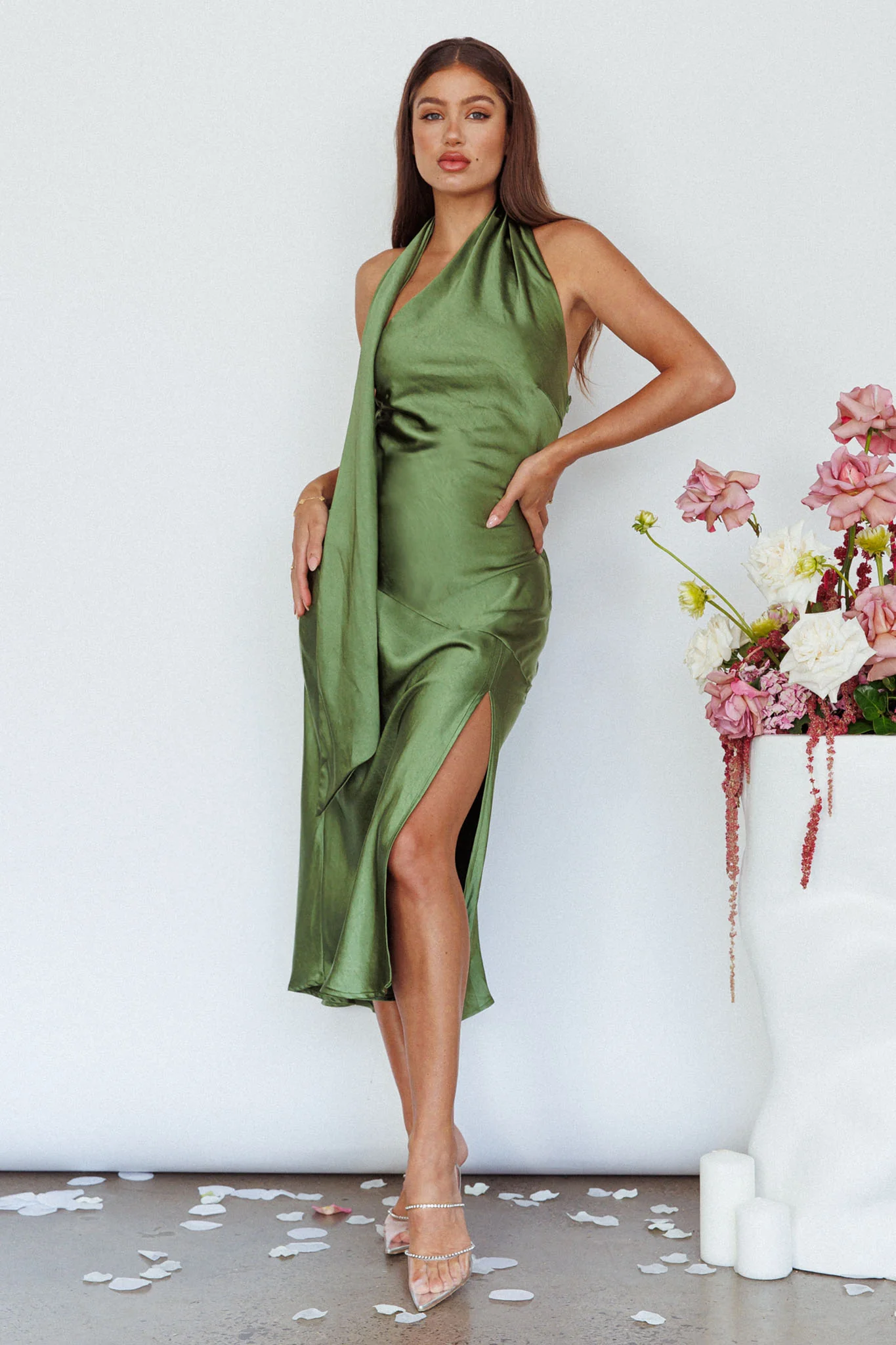 Italian Summer Tie Neck Midi Dress Olive - Sonourner