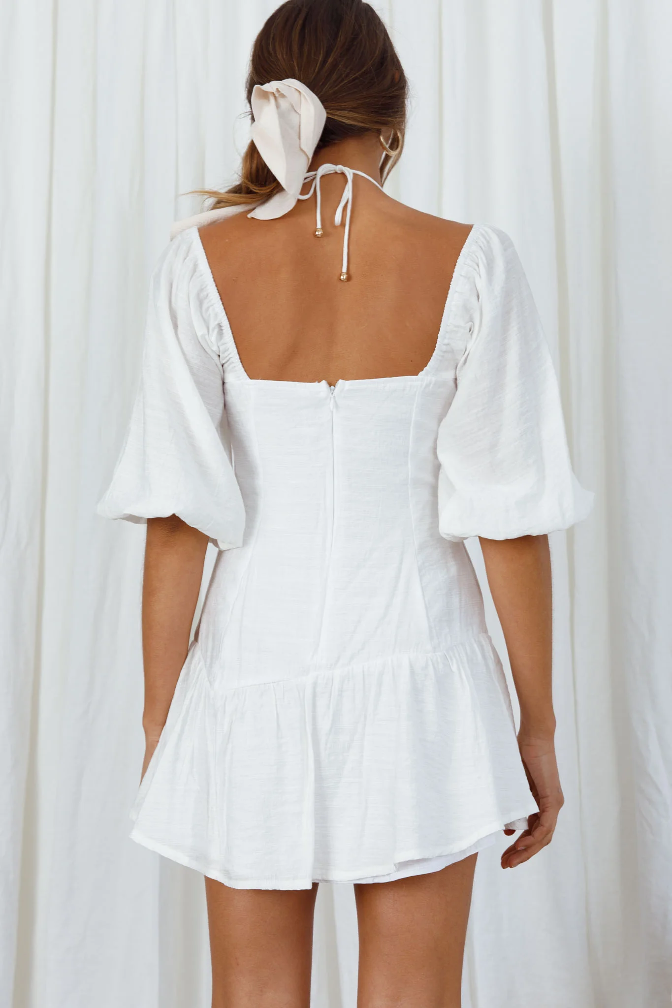 Summertime String-Tie Halterneck Puff Sleeve Mini Dress White - Sonourner
