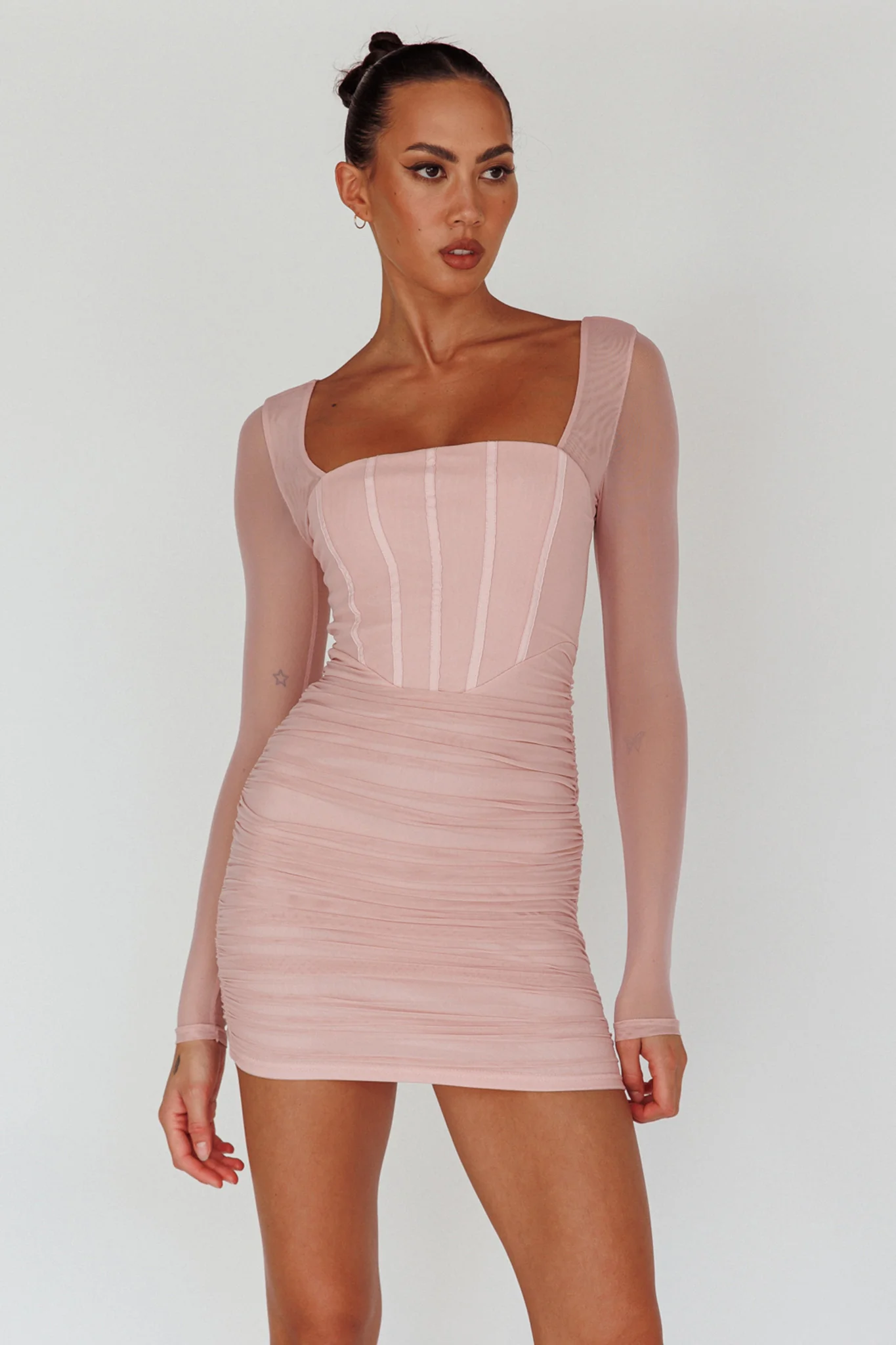 Dream Catcher Long Sleeve Ruched Mini Dress Blush - Sonourner