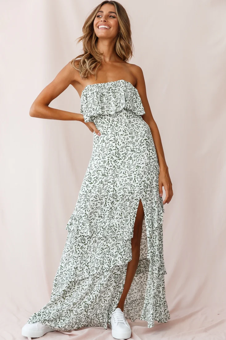 Kiya Layered Bandeau Maxi Dress White Floral Print - Sonourner