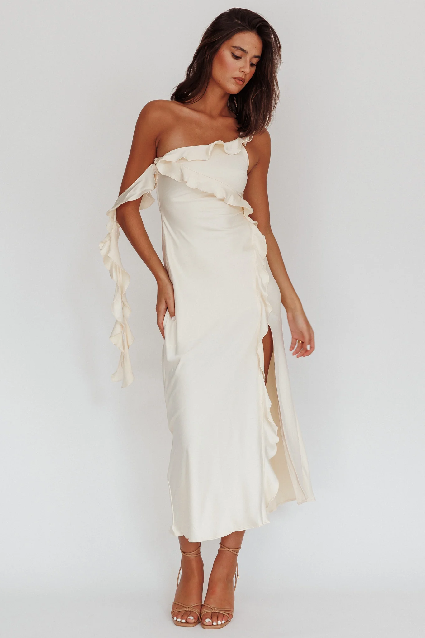 Like Yesterday Satin Ruffle Midi Dress Butter - Sonourner