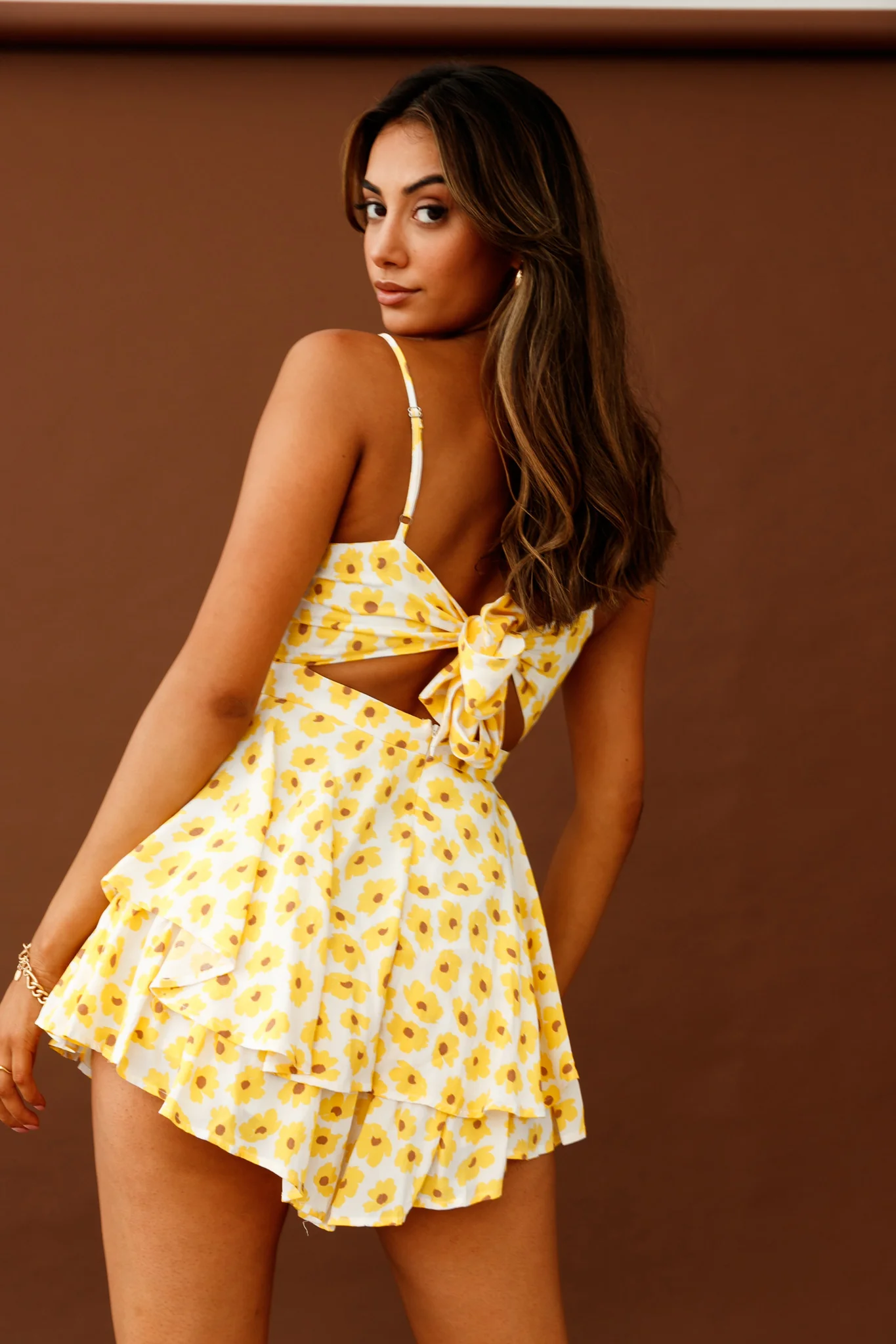 Alexandria Square Neckline Tie Back Romper Sunflower Print Yellow - Sonourner