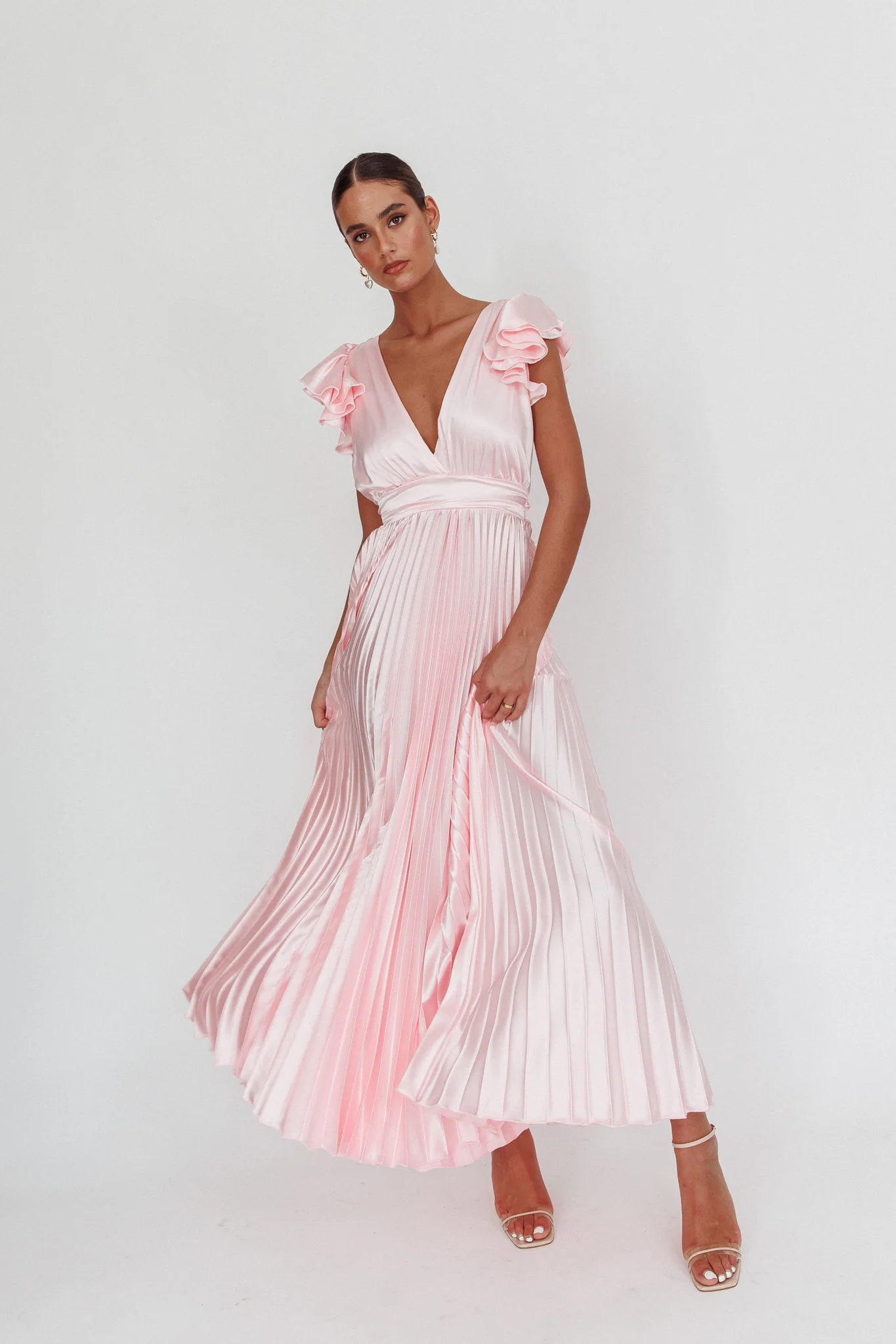 Enchantment Ruffle Sleeve Pleat Maxi Dress Pink - Sonourner