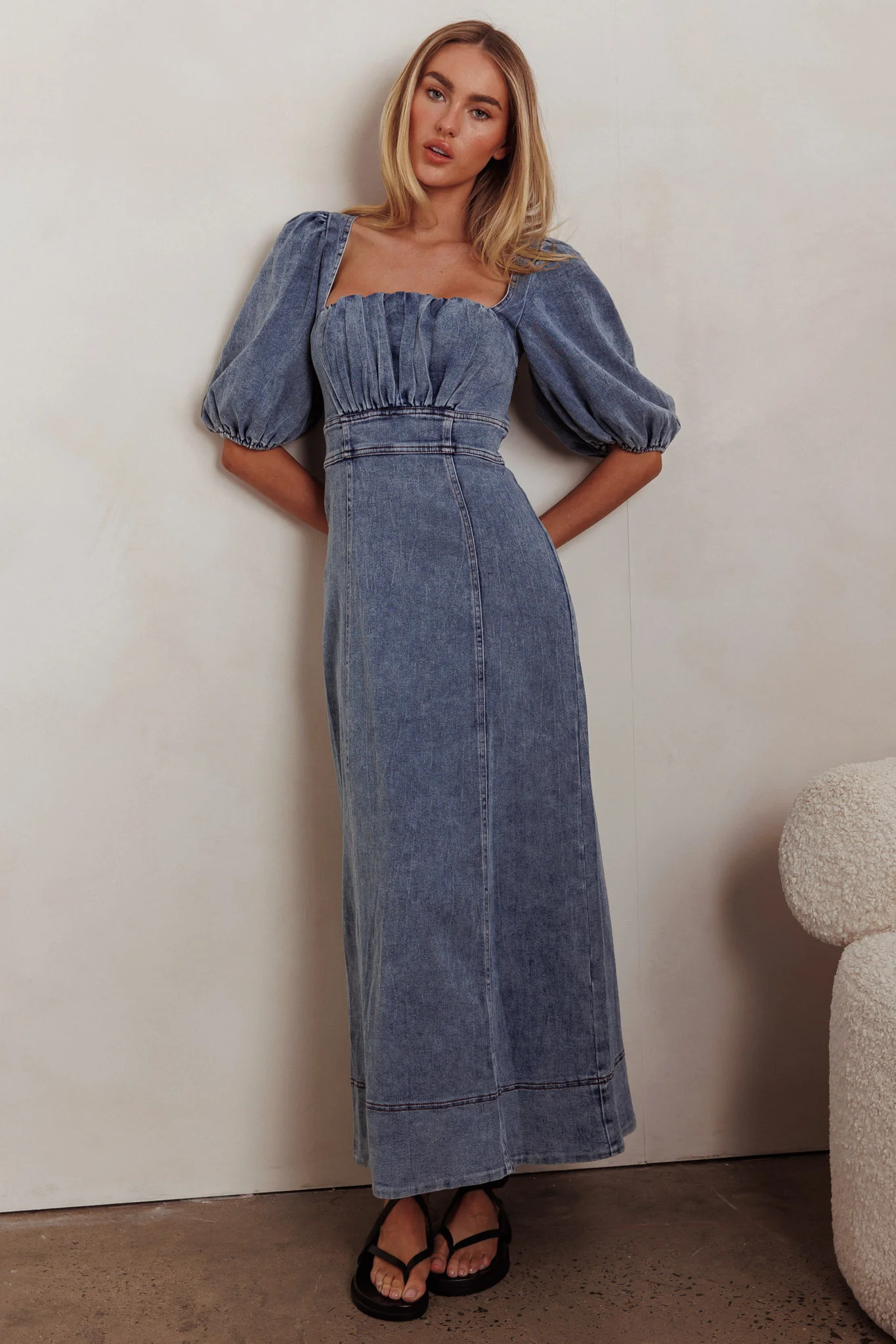 Sibille Puff Sleeve Maxi Dress Denim Blue - Sonourner