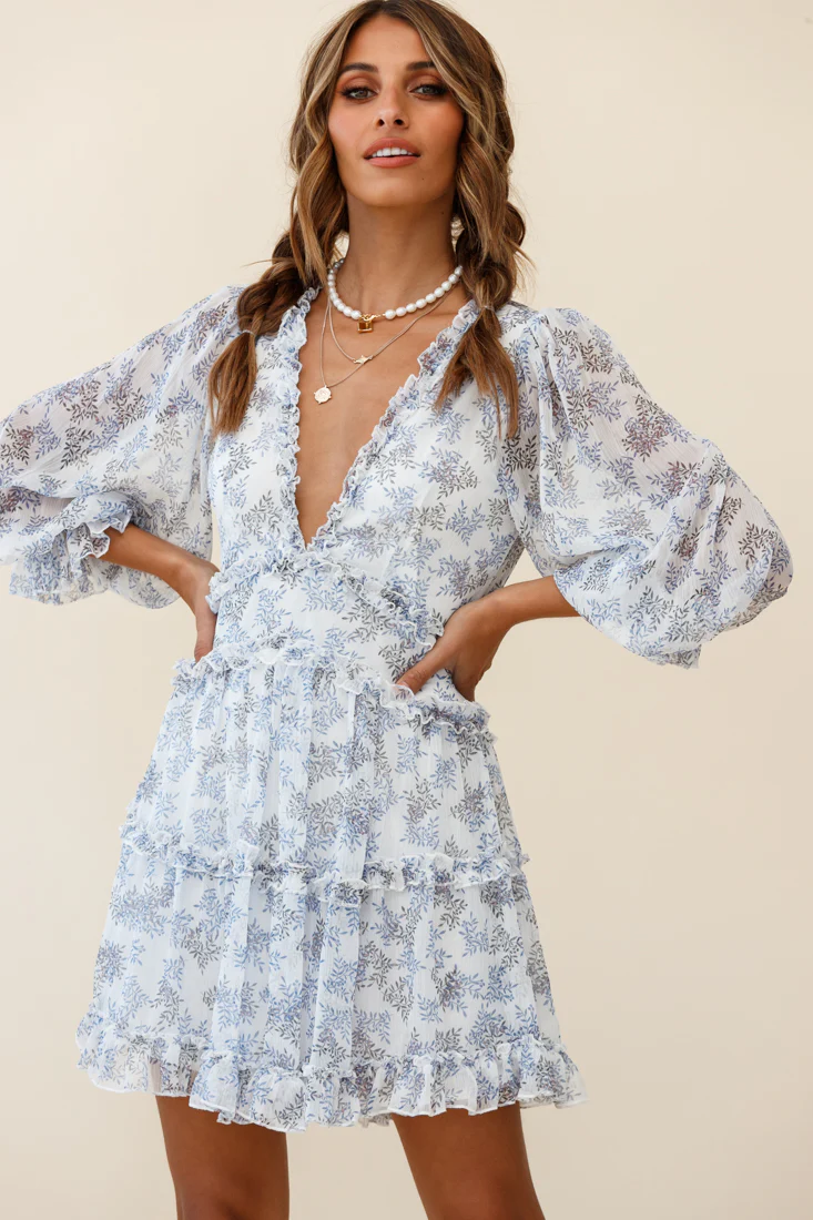 Laney Cutout Back Ruffle Trim Dress Leaves Print White - Sonourner