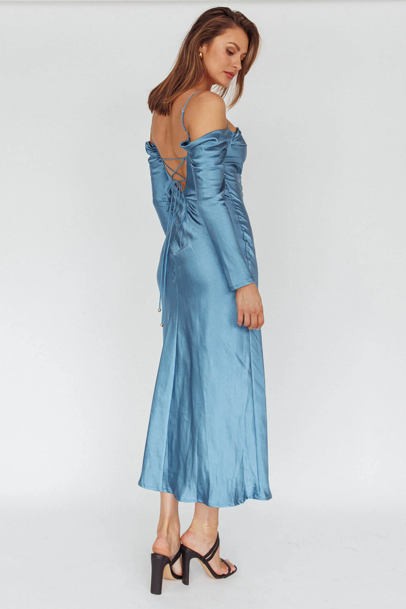 Ellory Long Sleeve Off-Shoulder Dress Blue - Sonourner