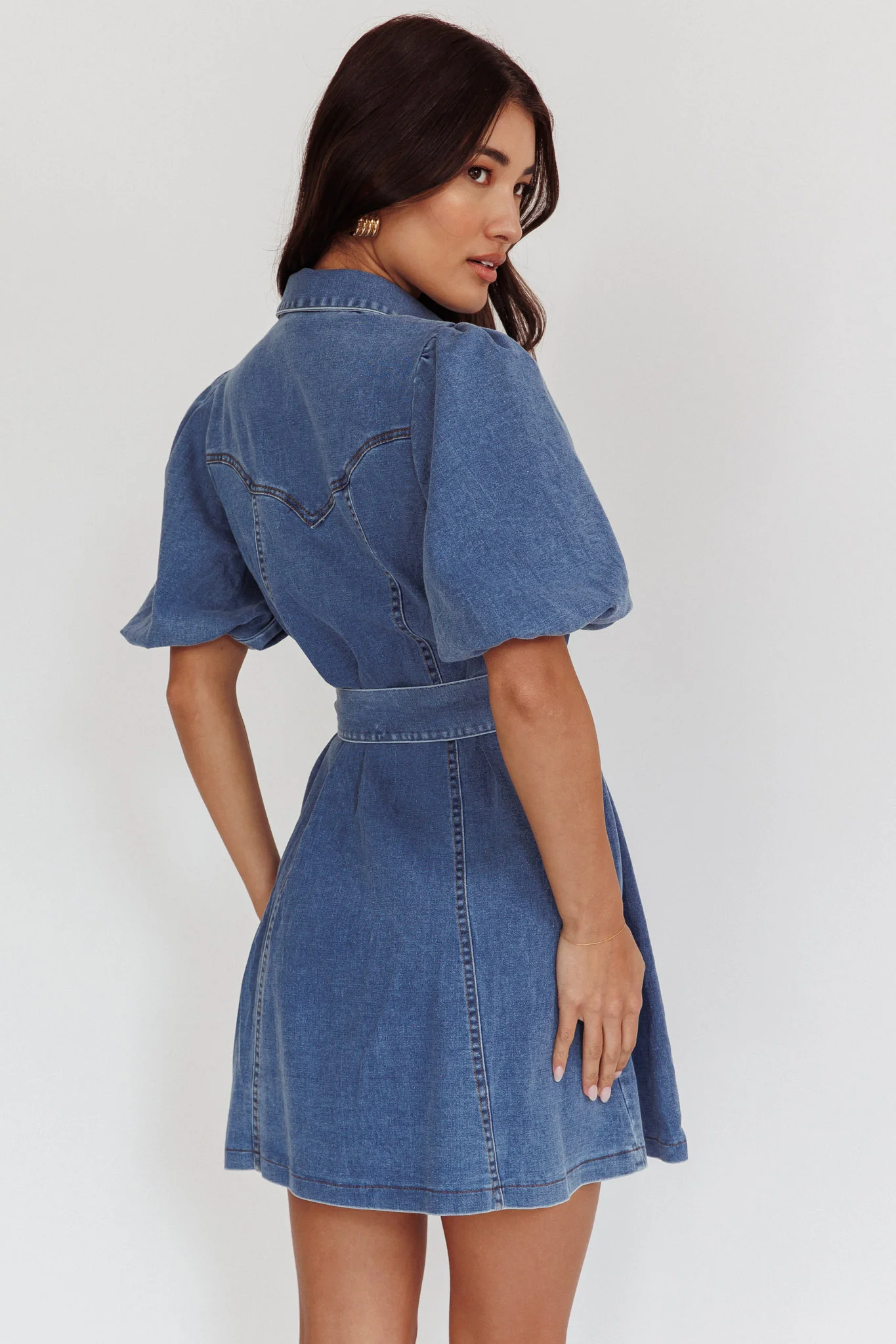 Myleigh Puff Sleeve Waist Tie Mini Dress Denim Blue - Sonourner