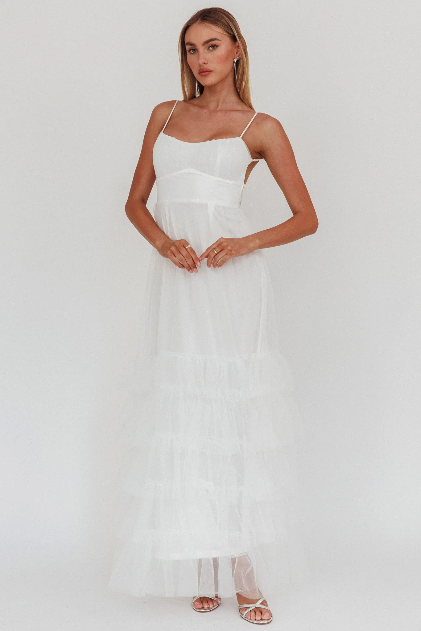 Nerida Twist Back Frill Trim Mesh Maxi Dress White - Sonourner