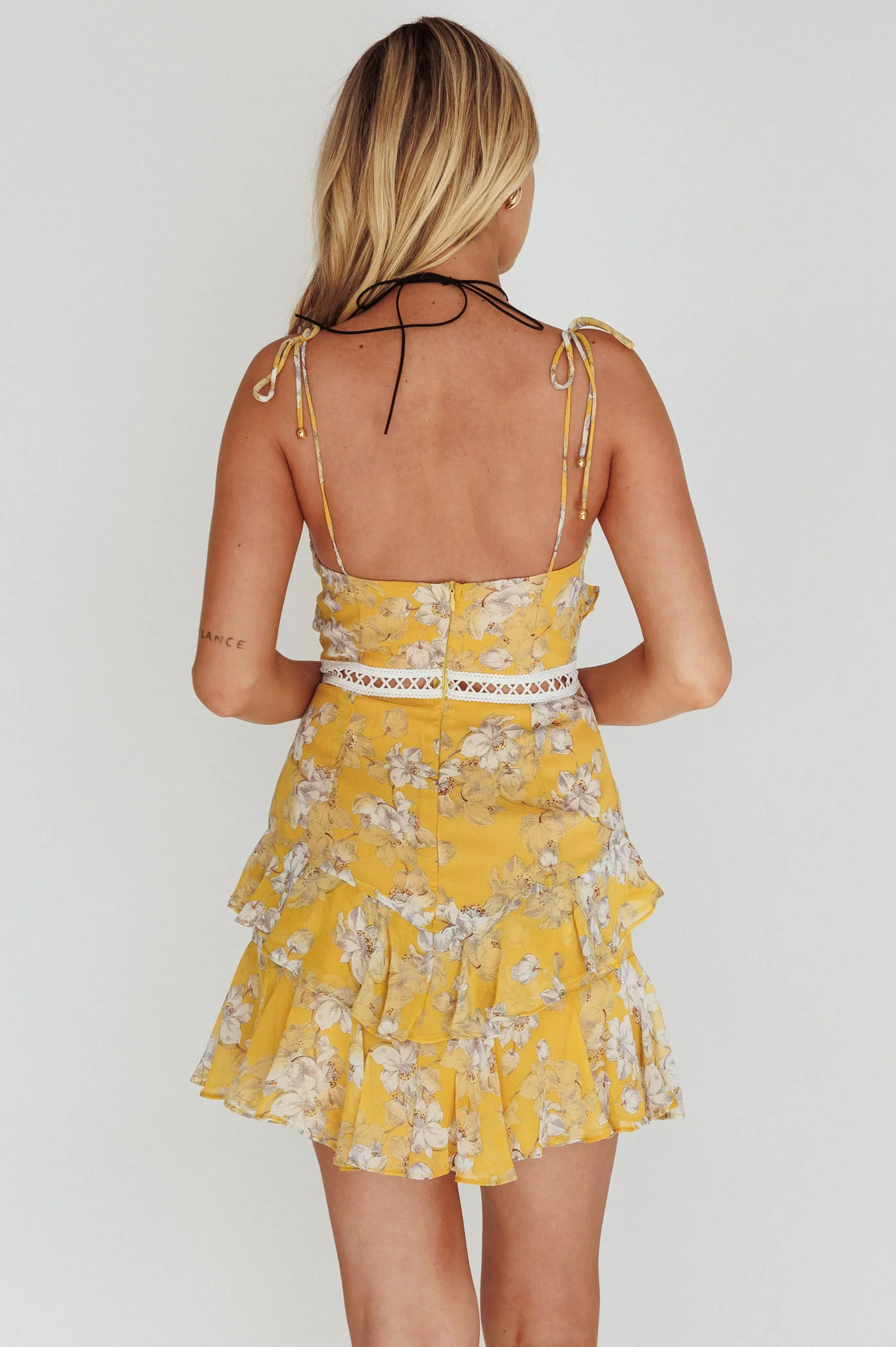 Flower Child Bust Tie Crochet Trim Dress Orchid Print Yellow - Sonourner