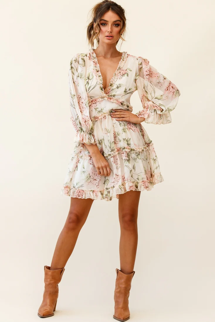 Laney Cutout Back Ruffle Trim Dress Hydrangea Print Nude - Sonourner