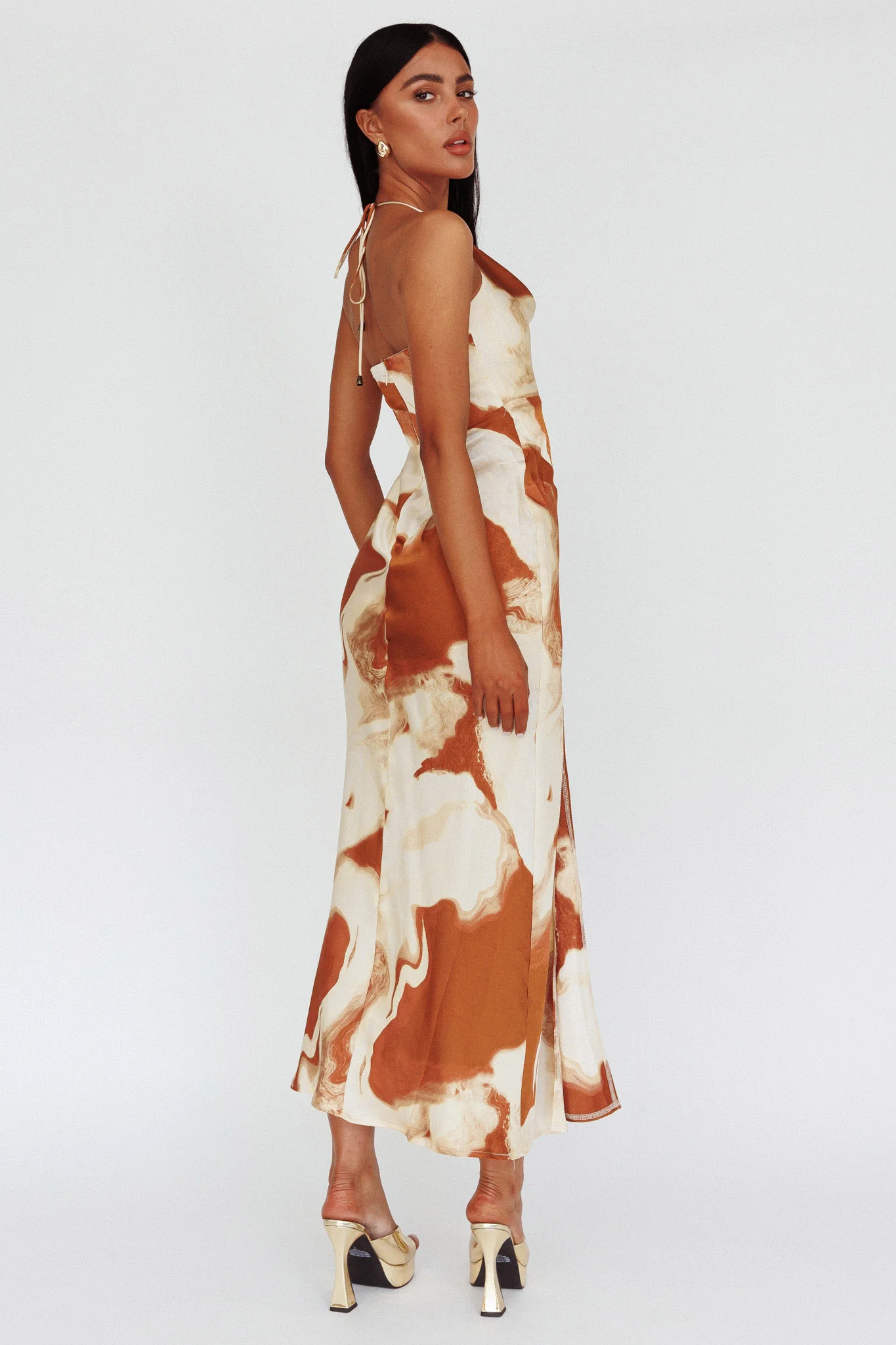 Marcello Cowl Halterneck Midi Dress Marble Brown - Sonourner
