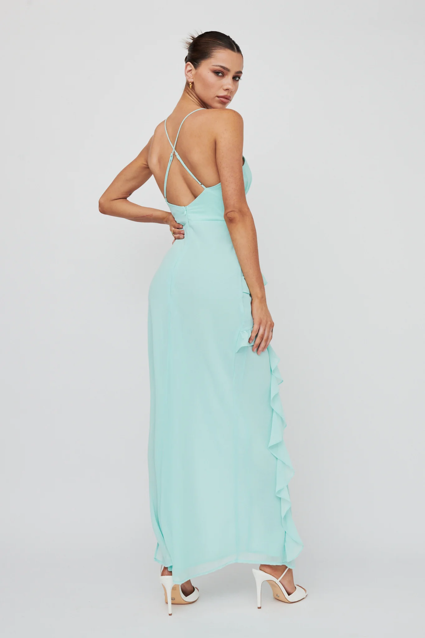 Check Mate Frill Trim Cut-Out Split Dress Mint - Sonourner