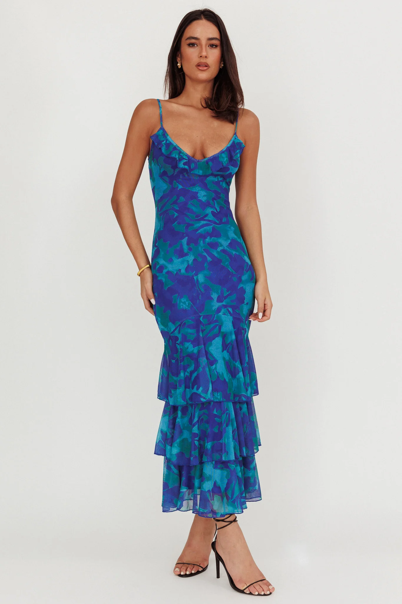 Oskar Tiered Ruffle Hem Mermaid Maxi Dress Abstract Blue - Sonourner