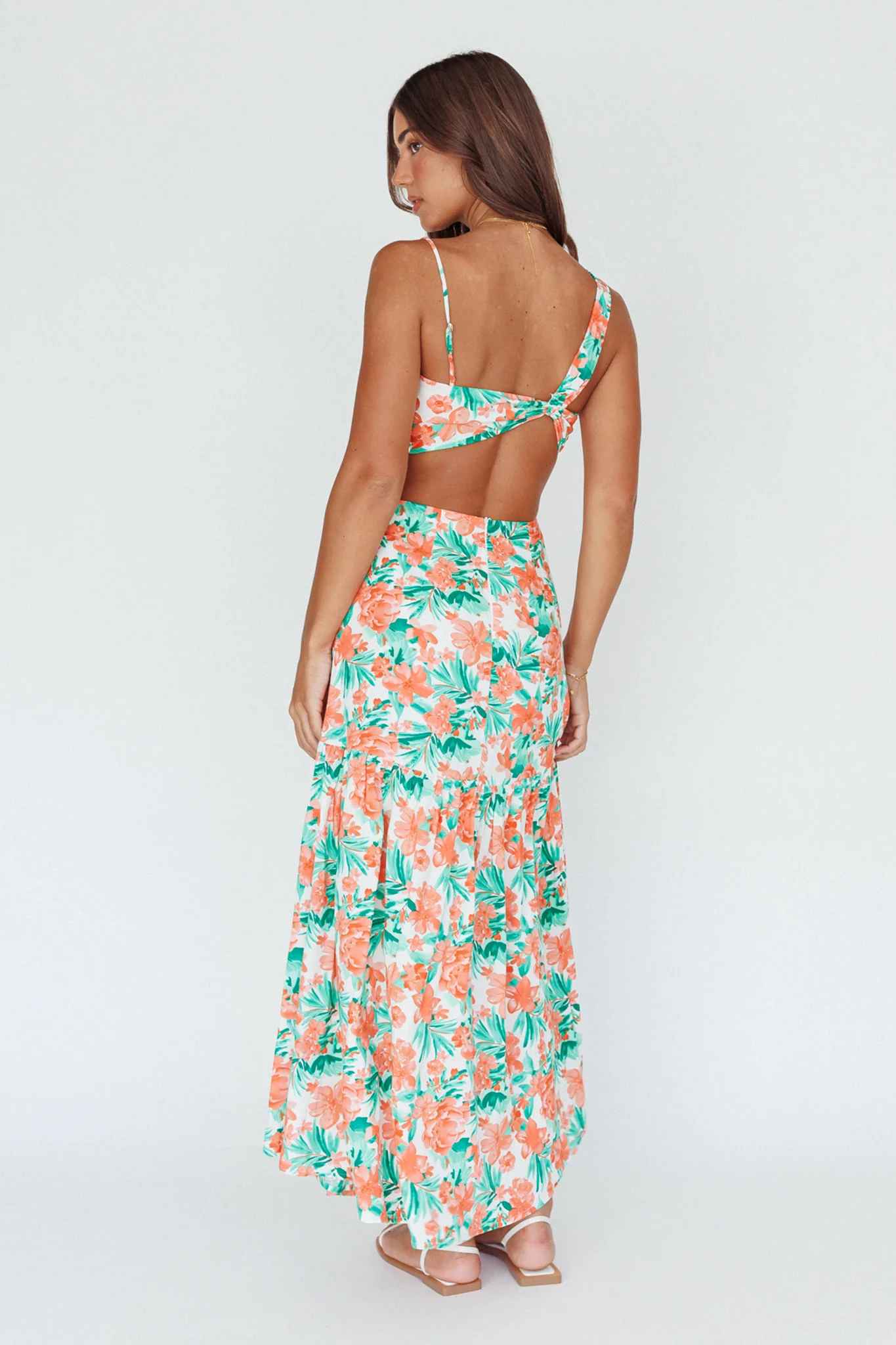 Evening Breeze Cut-Out Waist Maxi Dress Floral Orange - Sonourner