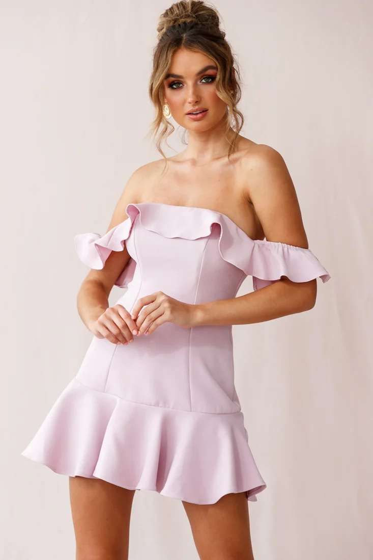 Ondine Bardot Neckline Fluted Hem Dress Mauve - Sonourner