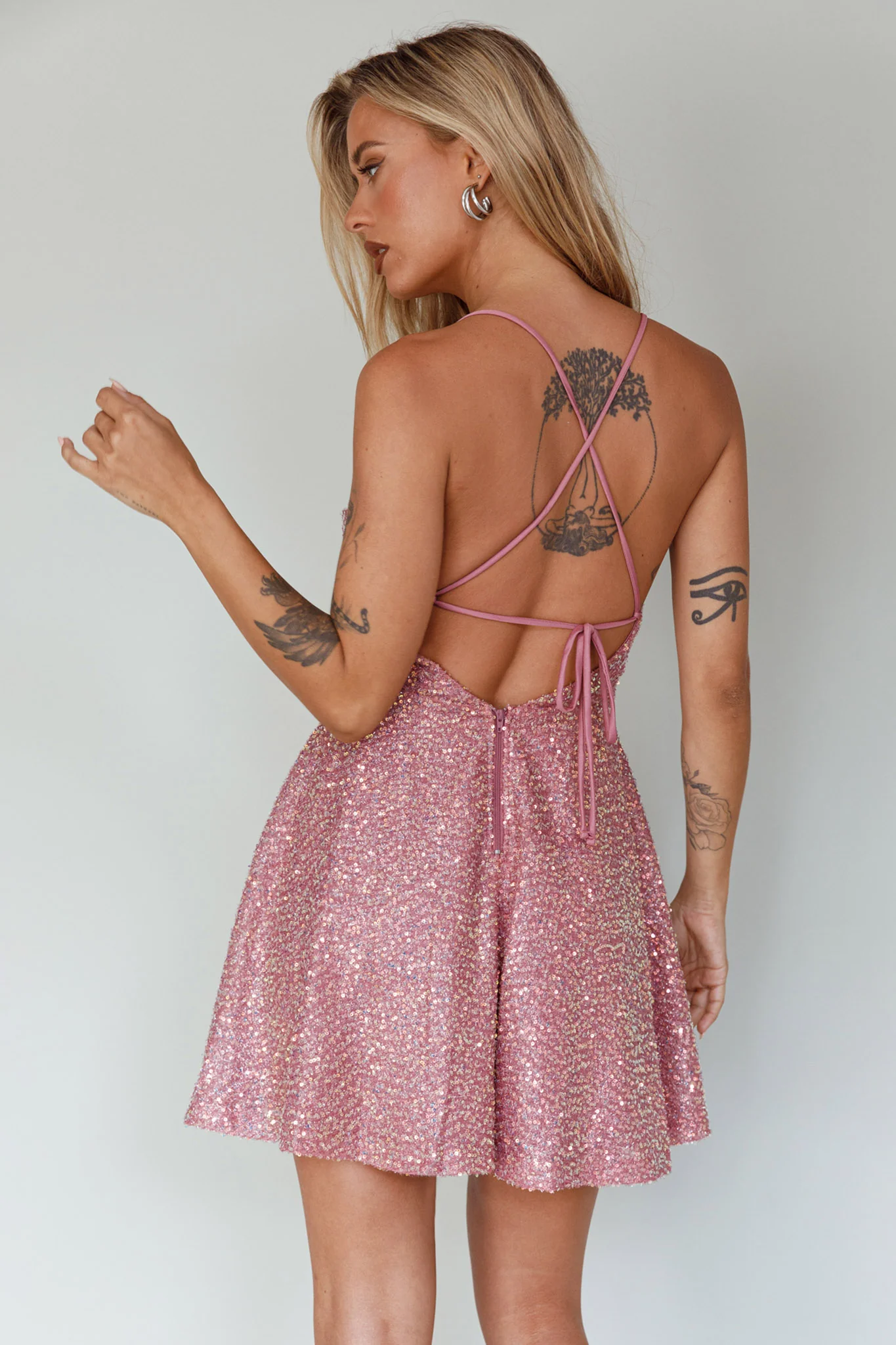 Into The Night Tied Back Sequin Dress Mauve - Sonourner