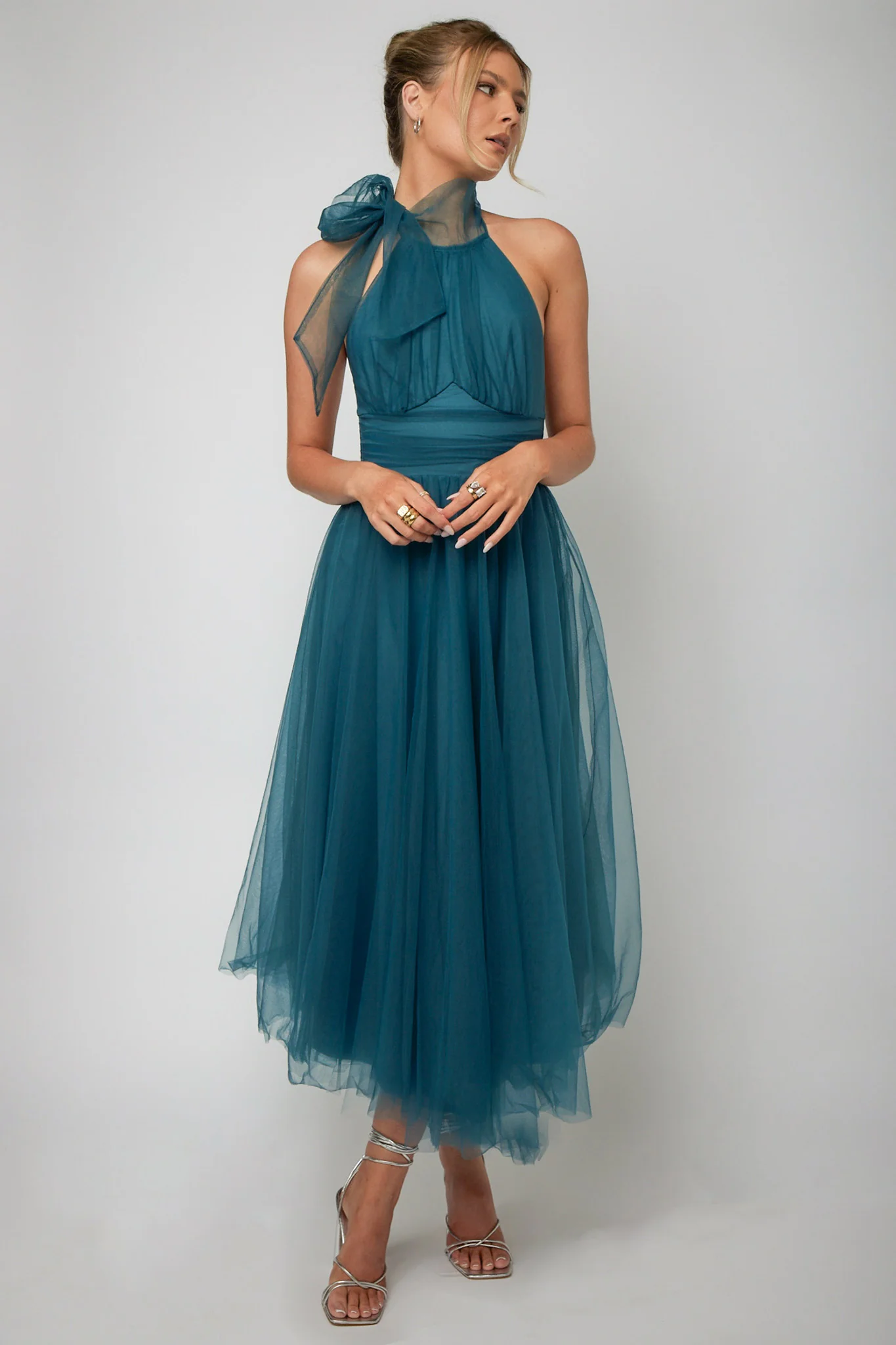 Andria Halterneck Tulle Midi Dress Teal - Sonourner
