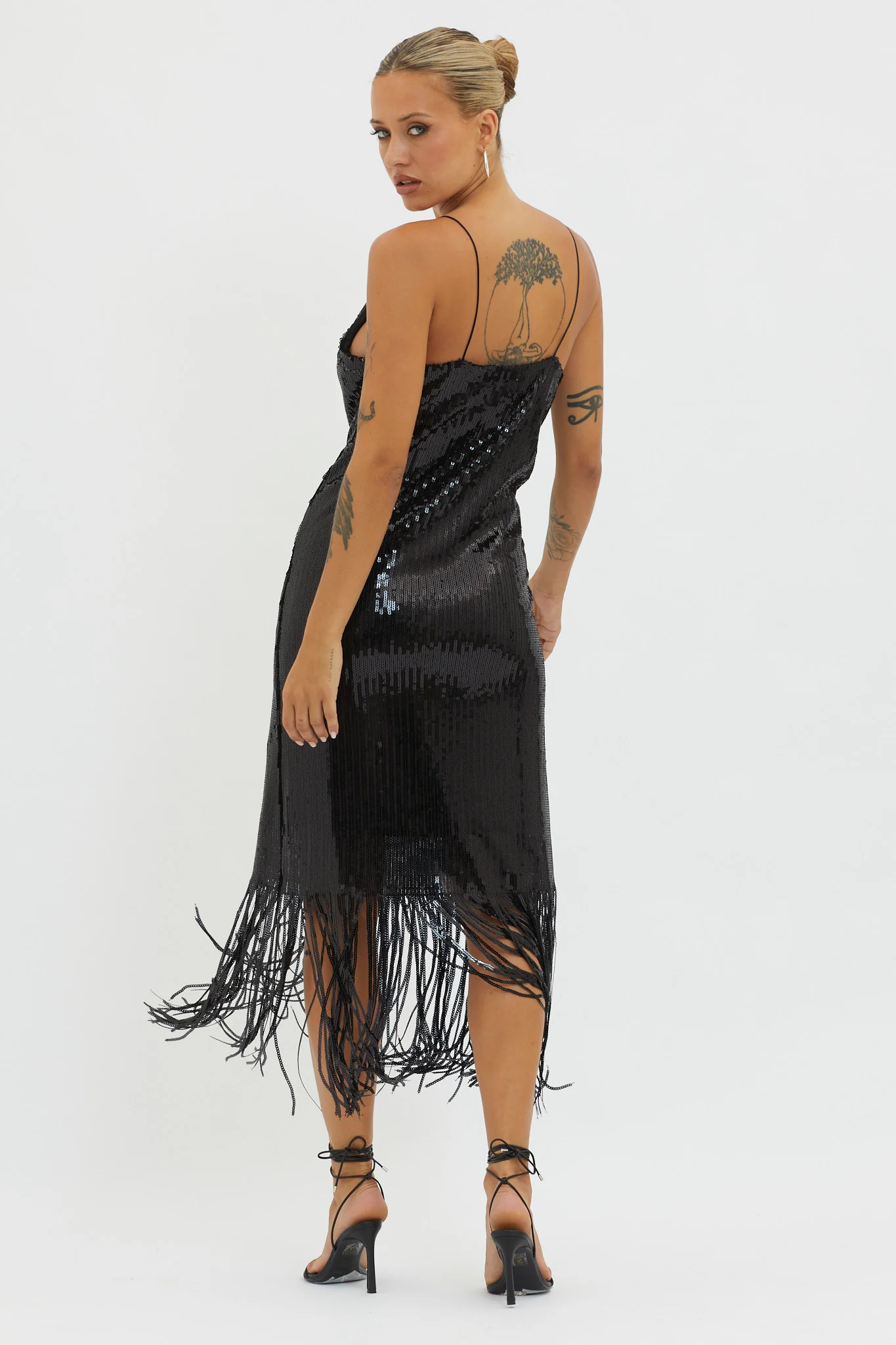 Halo Moon Sequin Fringe Midi Dress Black - Sonourner