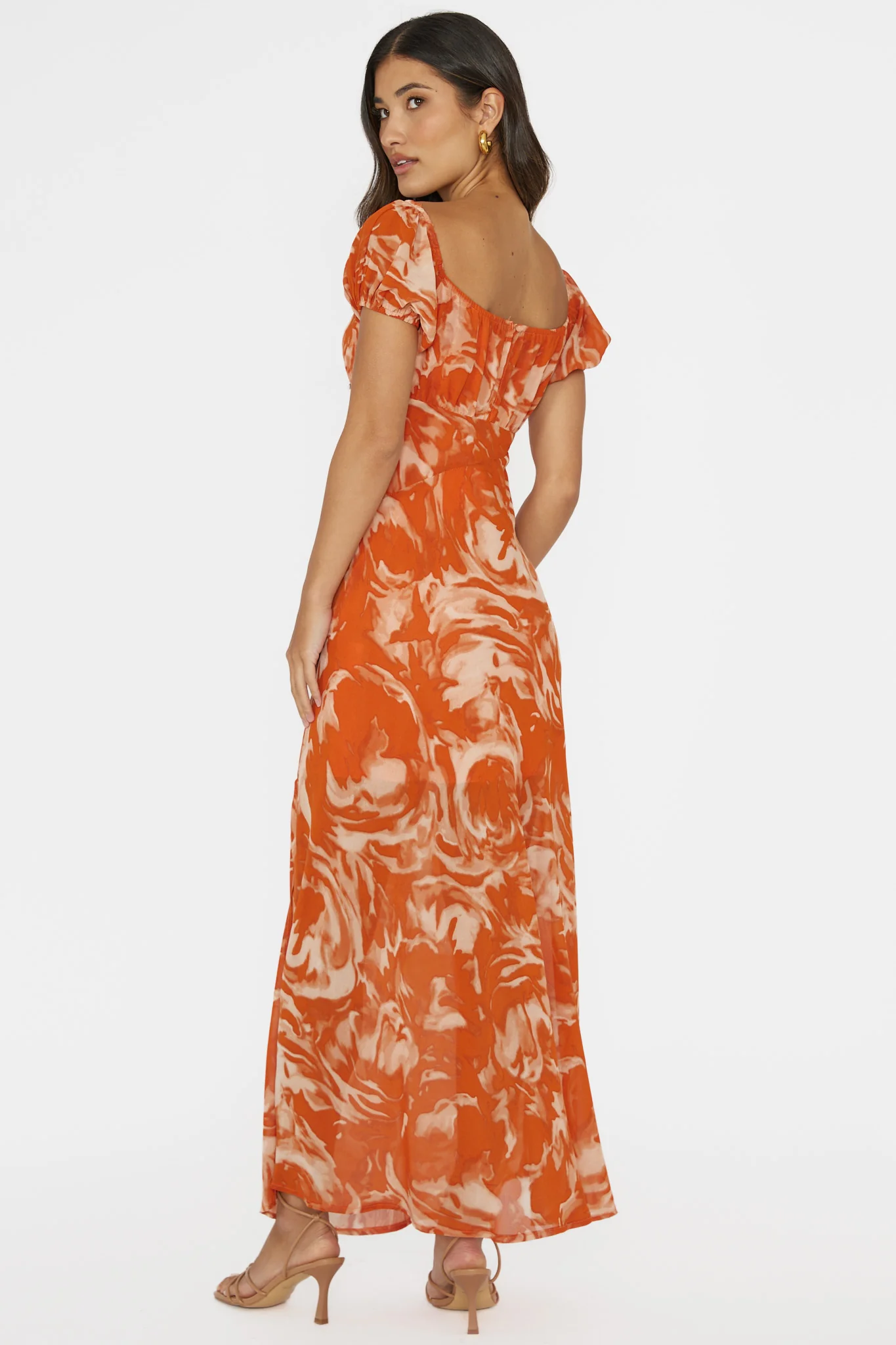 Park Avenue Puff Sleeve Midi Dress Print Orange - Sonourner