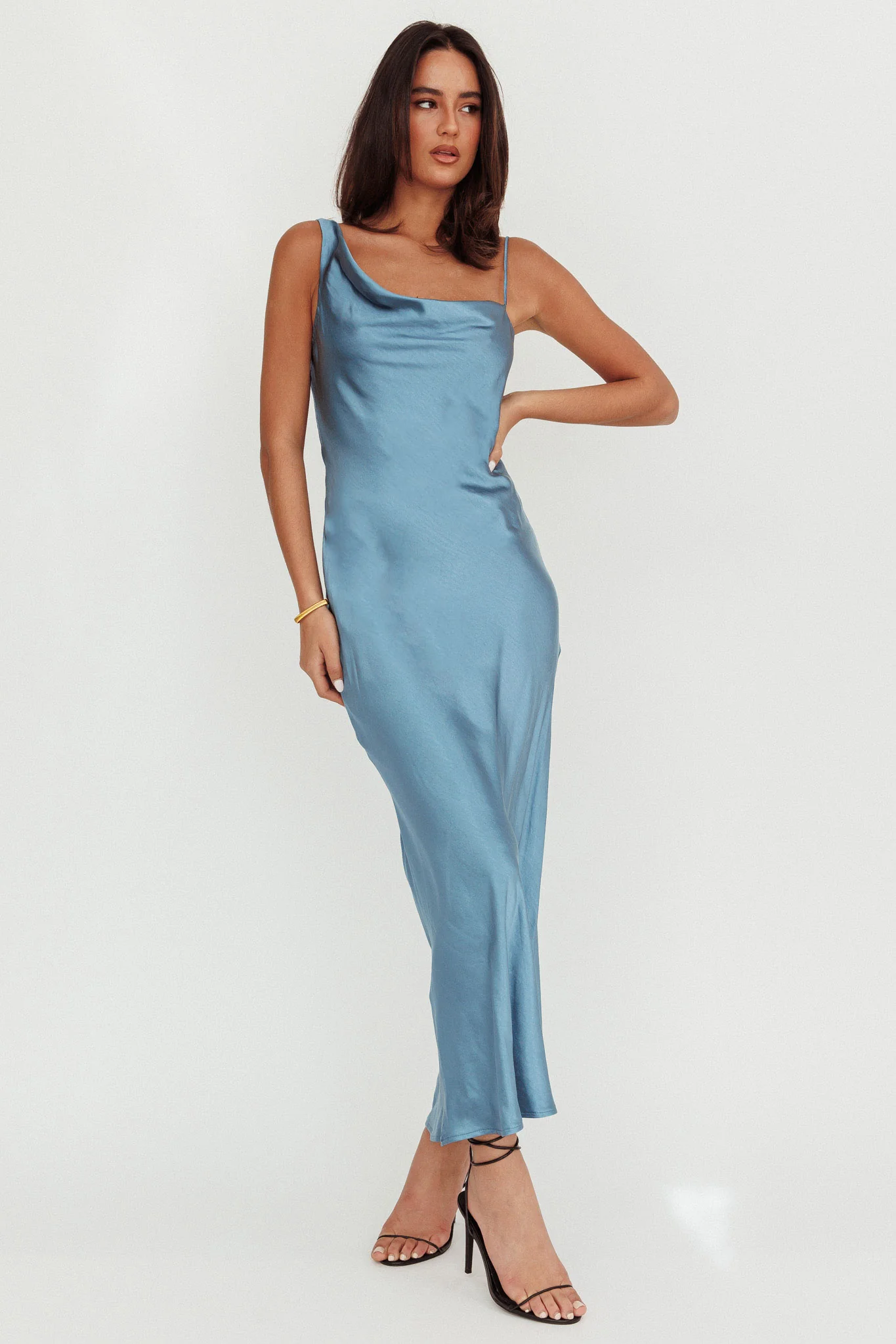 Treats Cowl Back Satin Maxi Dress Steel Blue - Sonourner