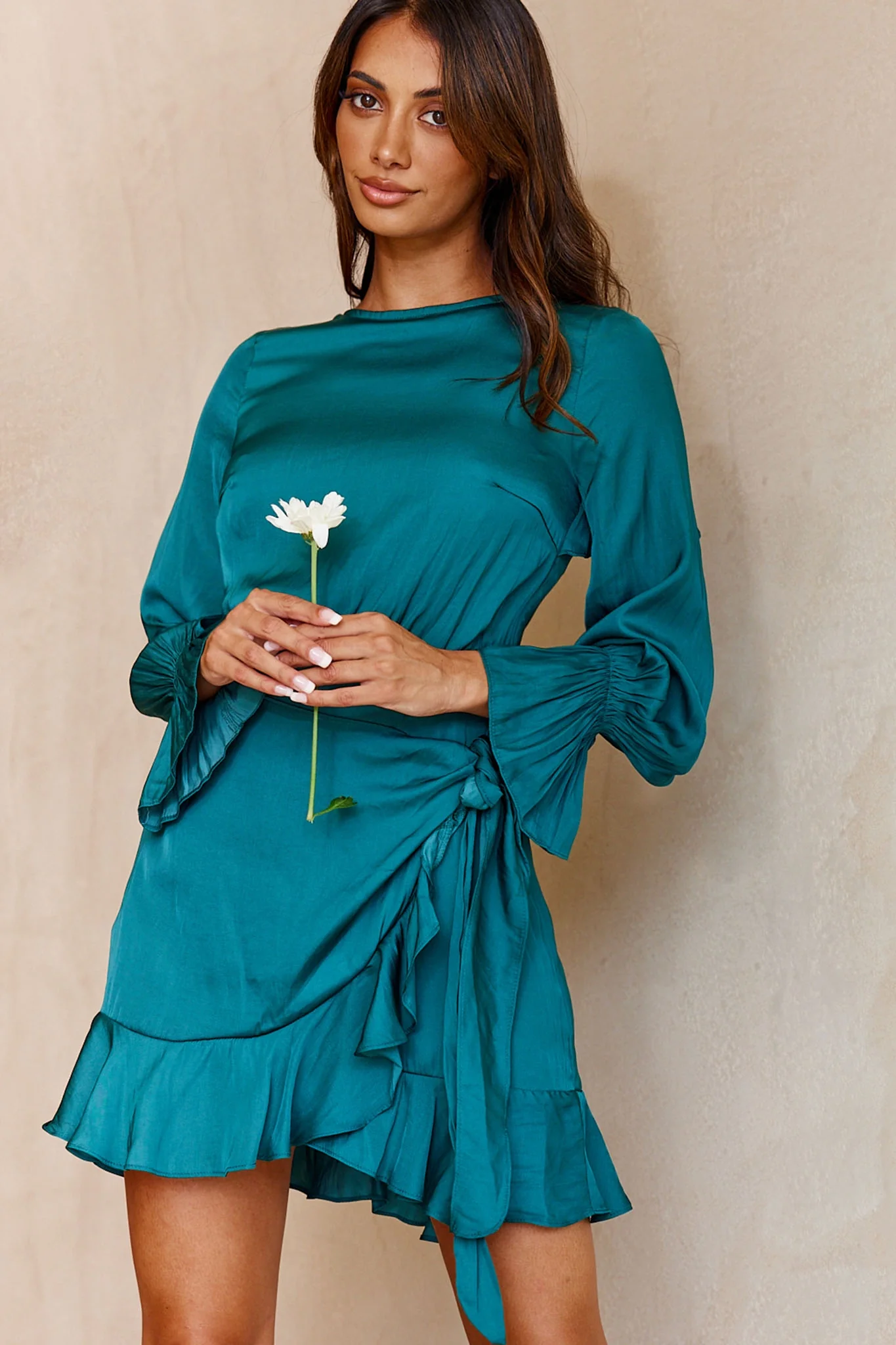 Darla Long Sleeve Satin Dress Forest Green - Sonourner