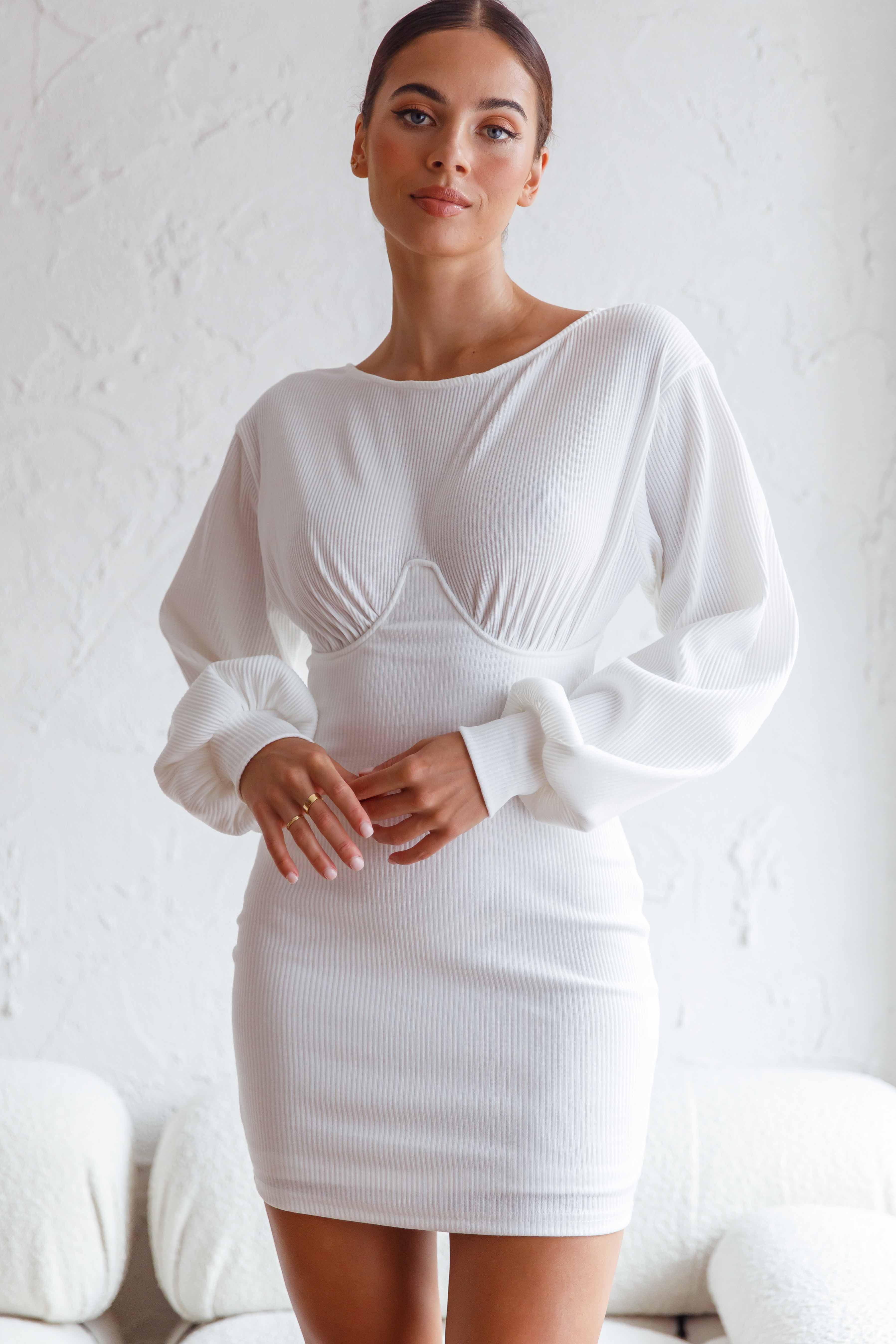 Sammy Long Balloon Sleeve Piping Detail Ribbed Dress White - Sonourner