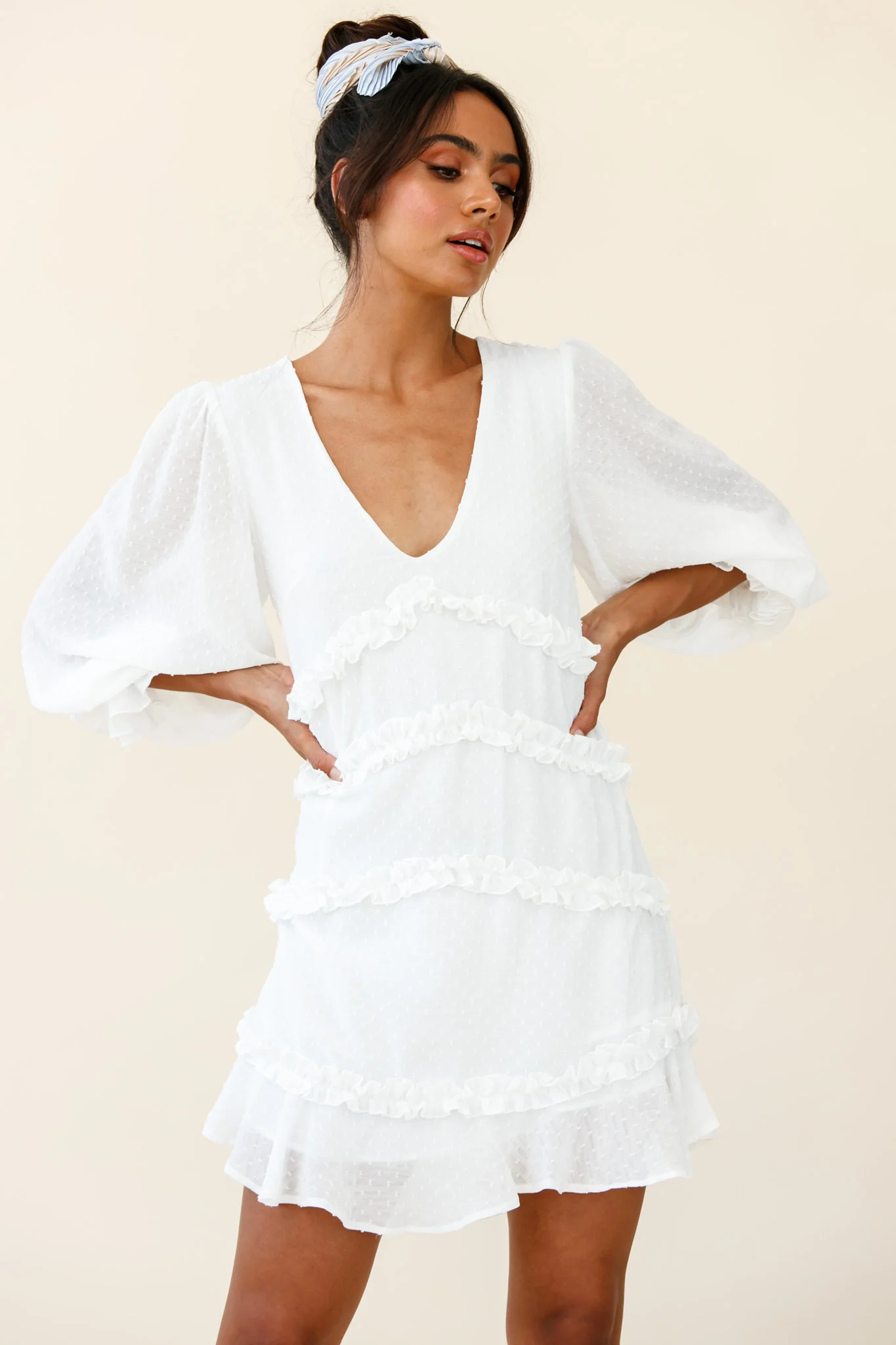 Tabitha Balloon Sleeve Loose Fit Frill Detail Dress White - Sonourner
