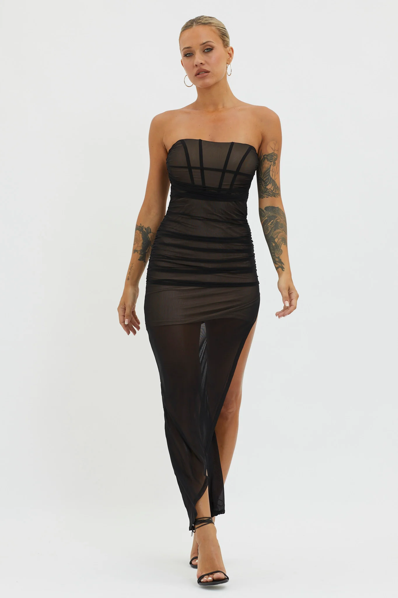 LA Nights Strapless Sheer Midi Dress Black/Nude - Sonourner