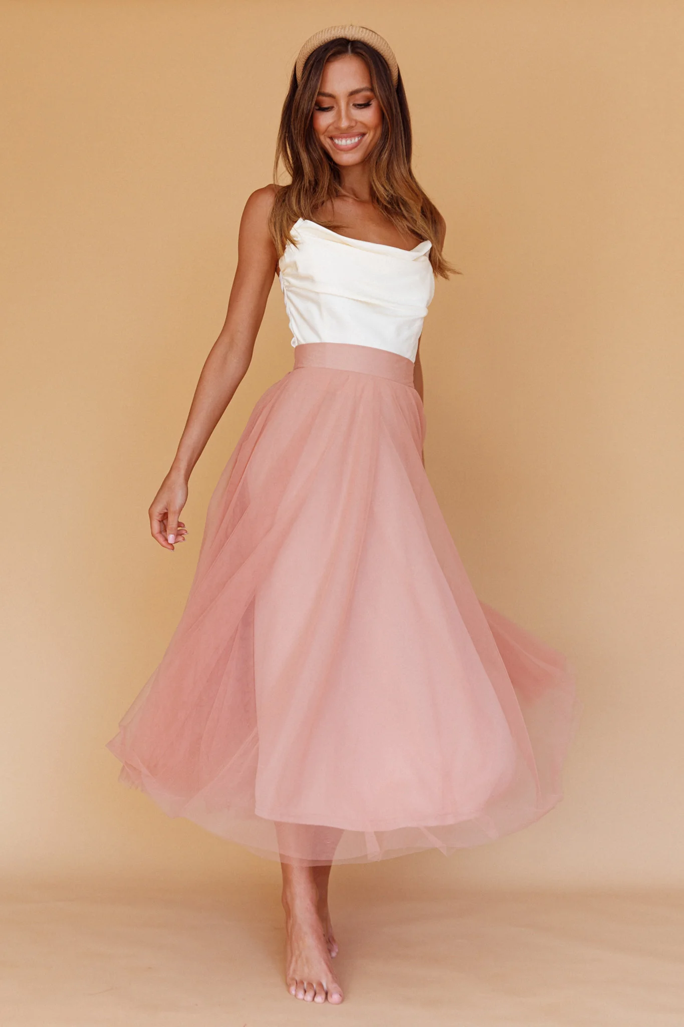 Jasmine Organza Mesh Elasticated Waist Midi Skirt Lipstick - Sonourner