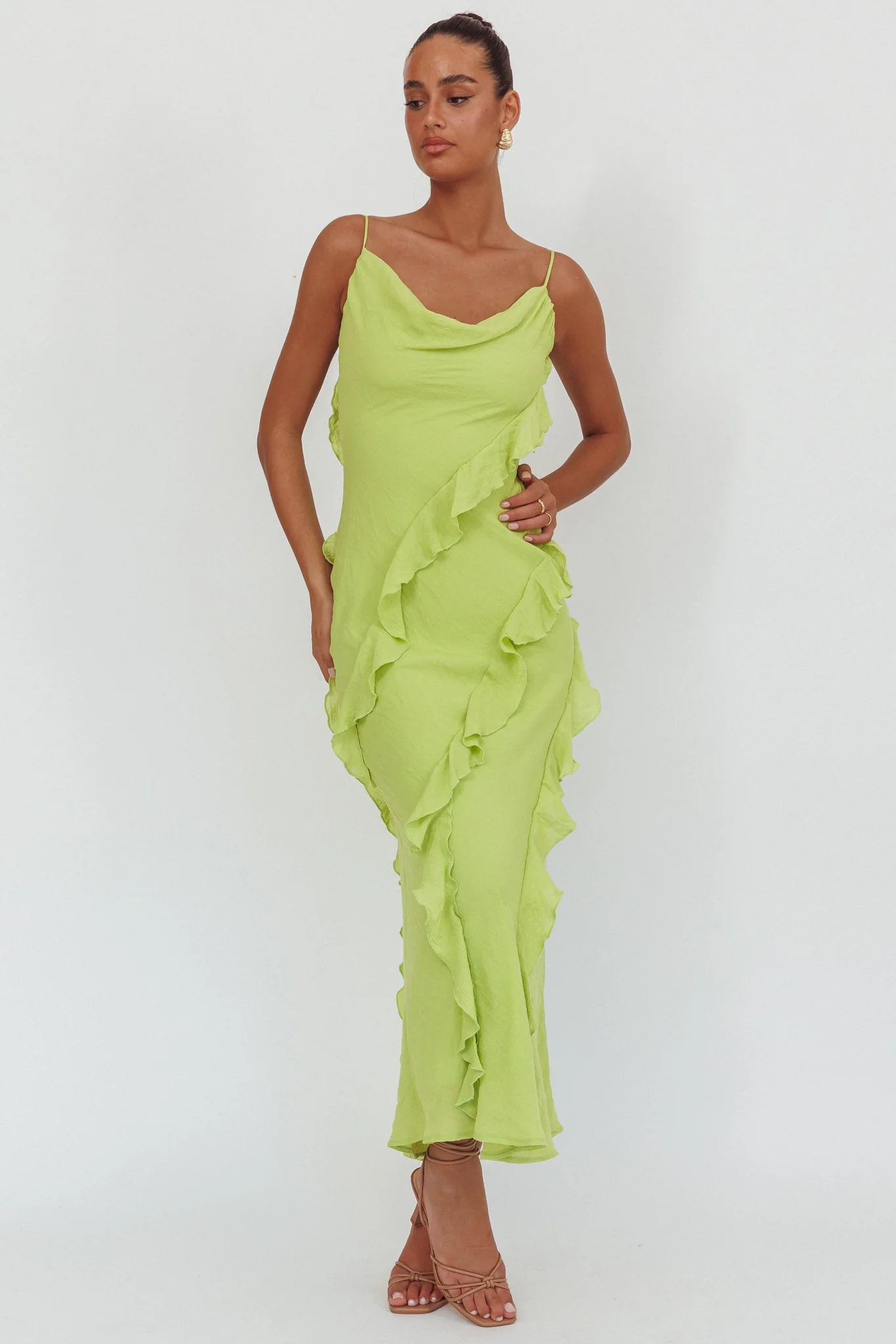 Panama Bay Ruffle Trim Cowl Neck Maxi Dress Sage - Sonourner