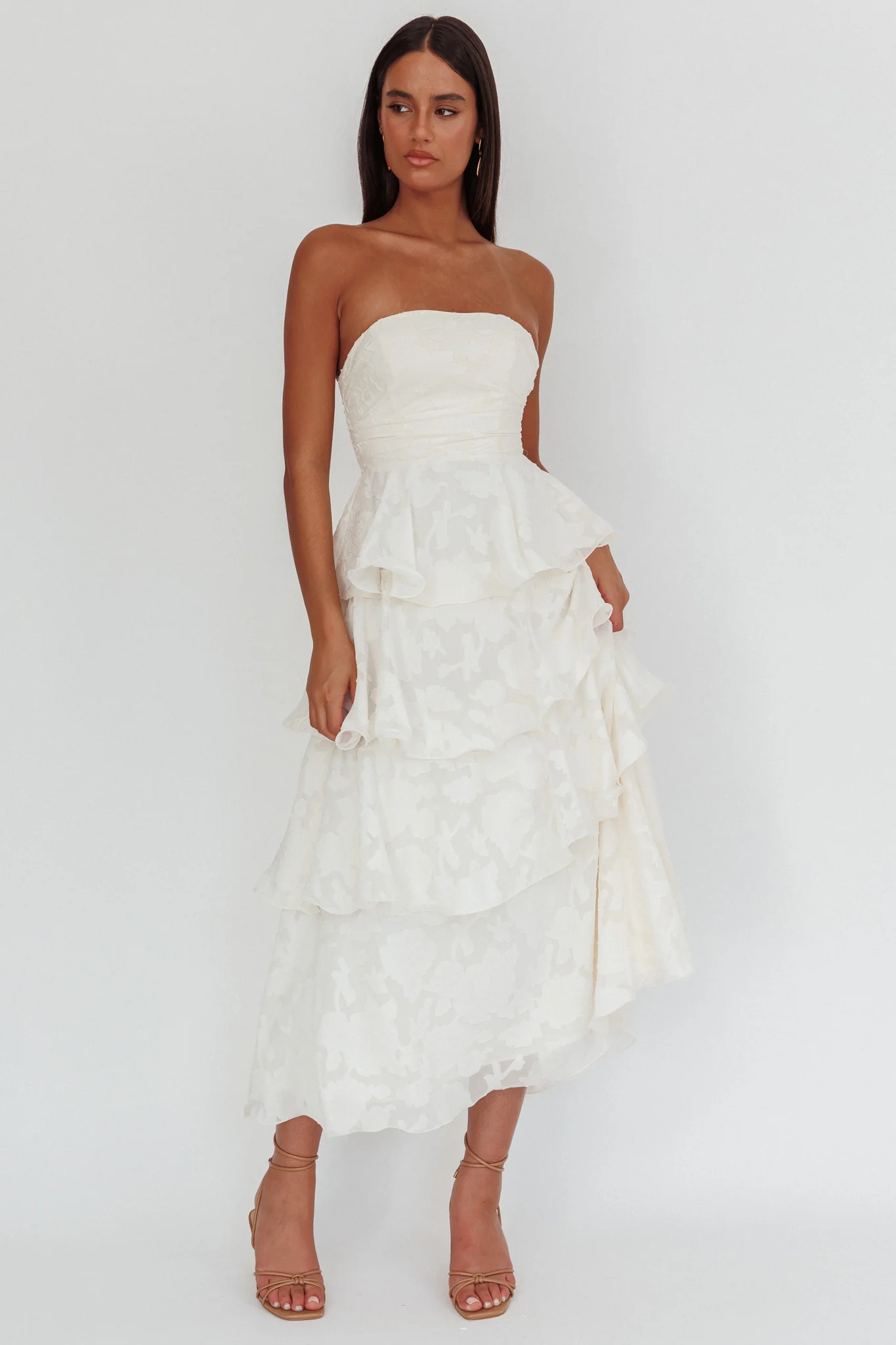 Giavana Strapless Layered Midi Dress Floral Embossed Cream - Sonourner