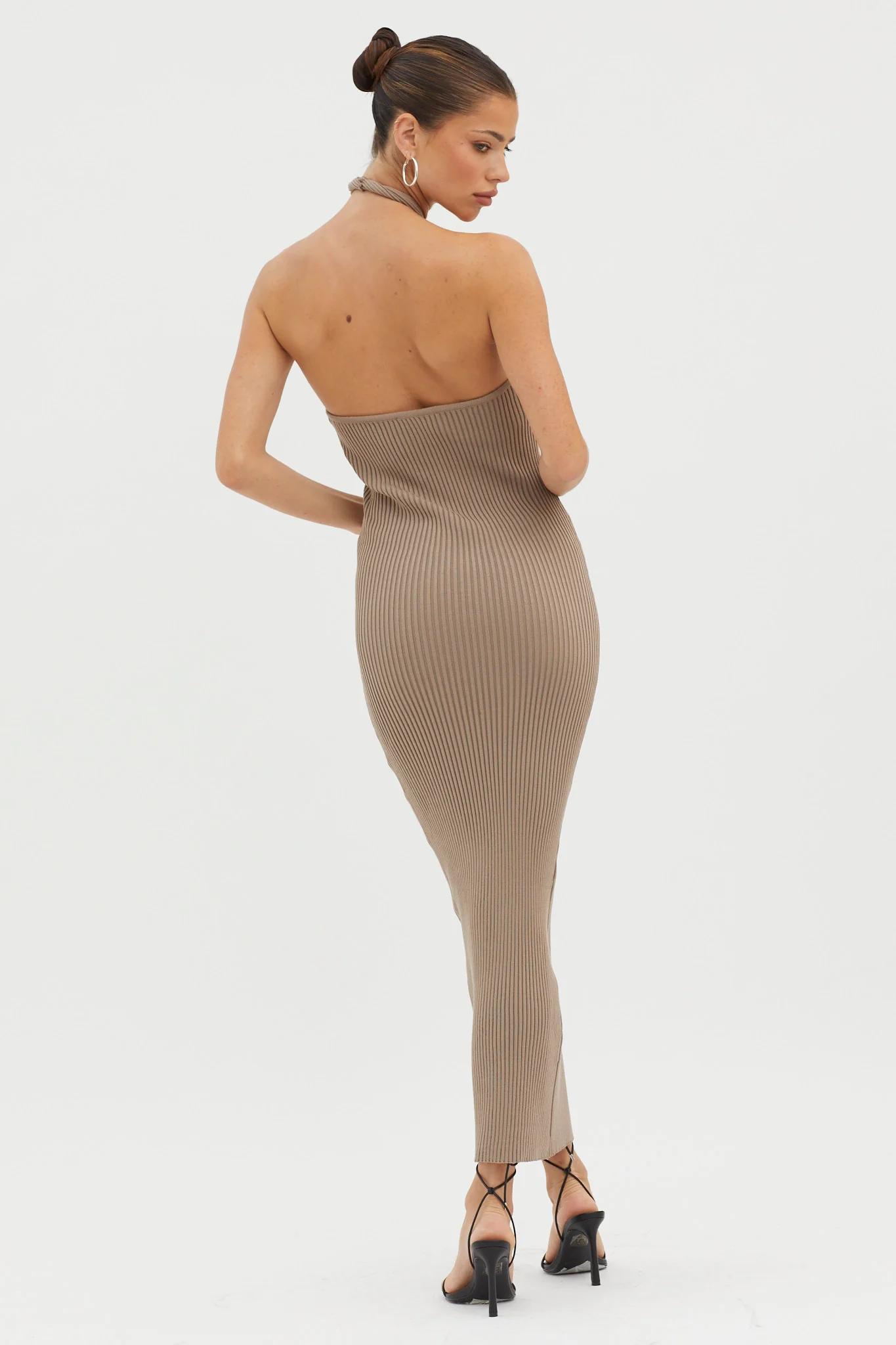 Lovelock Halterneck Ribbed Knit Midi Dress Latte - Sonourner
