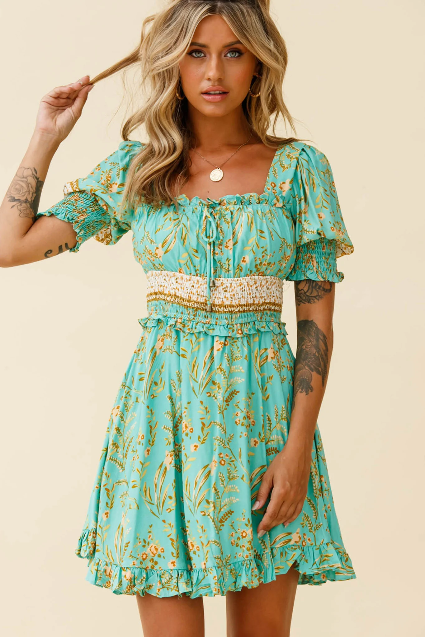 Summer In Paris Puff Sleeve Open Back Dress Botanical Print Mint - Sonourner