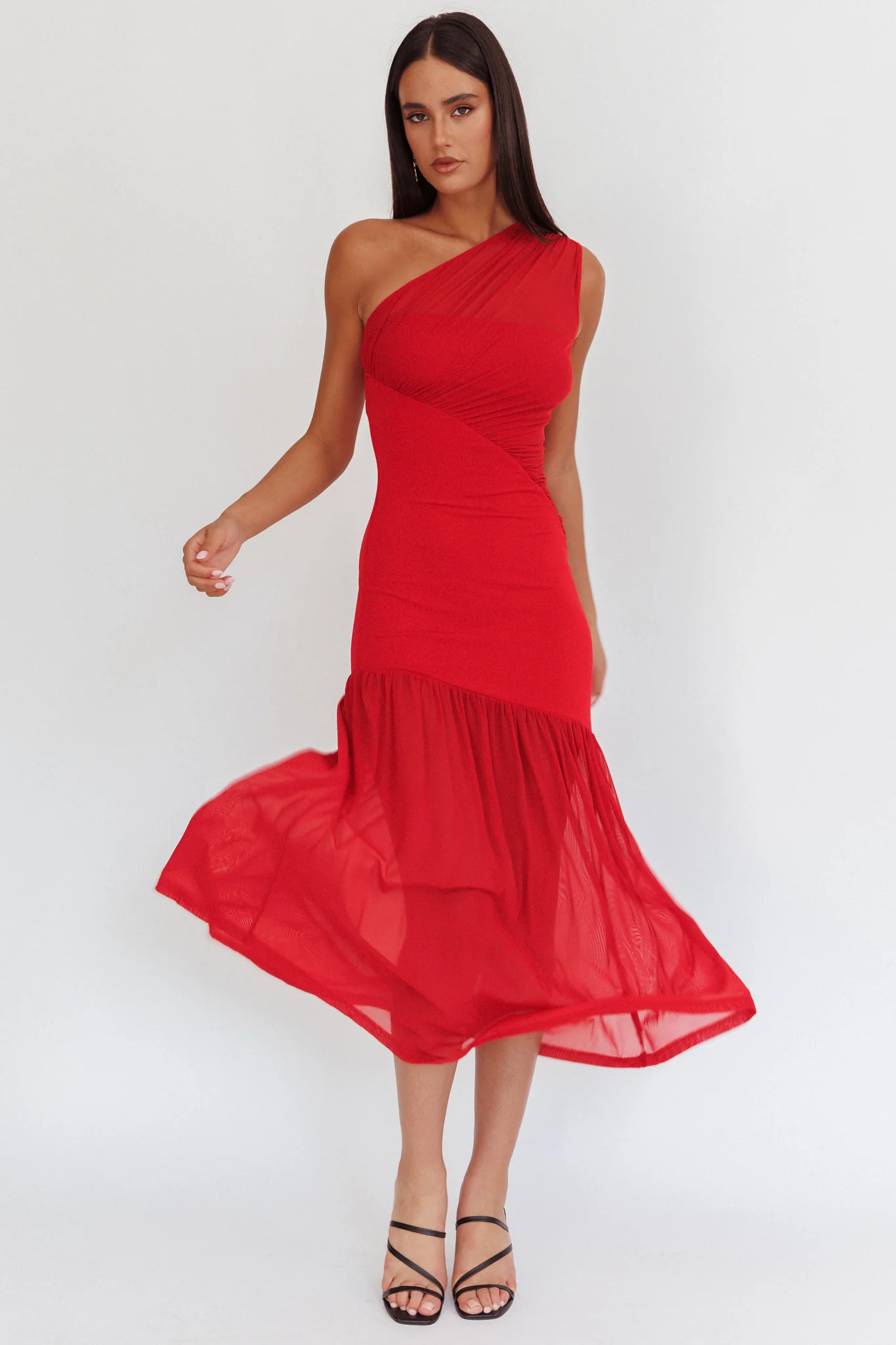 Passion One-Shoulder Mesh Maxi Dress Red - Sonourner