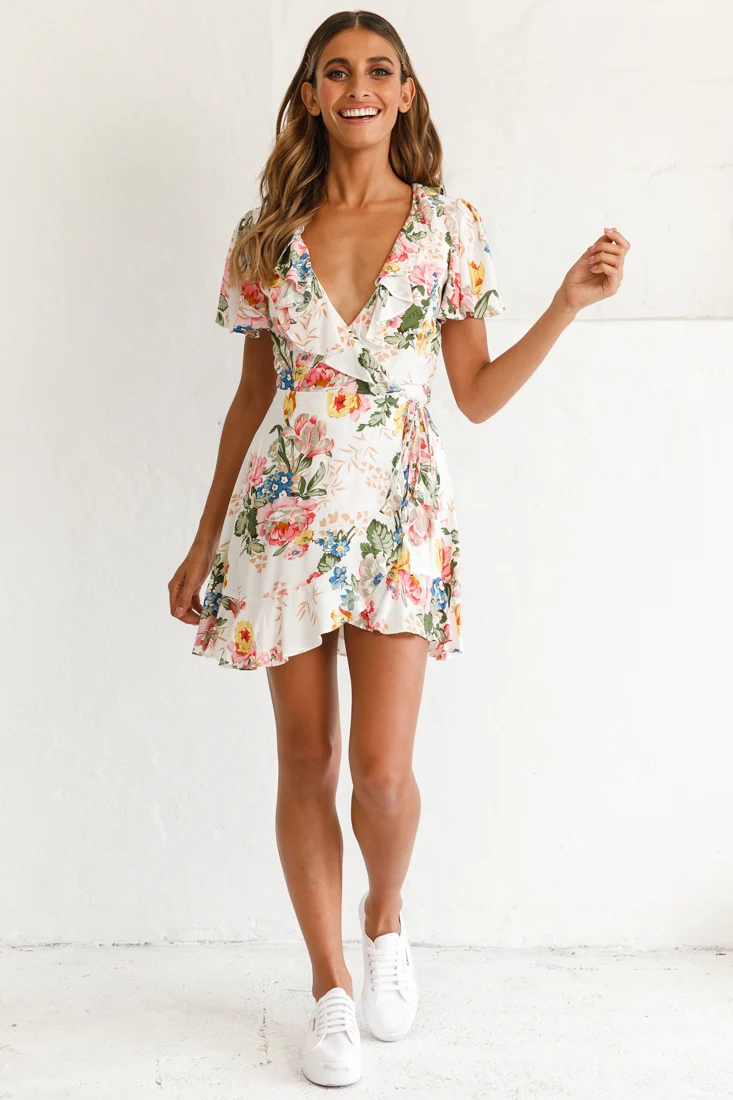 Love Story Angel Sleeve Wrap Dress Floral Print White - Sonourner