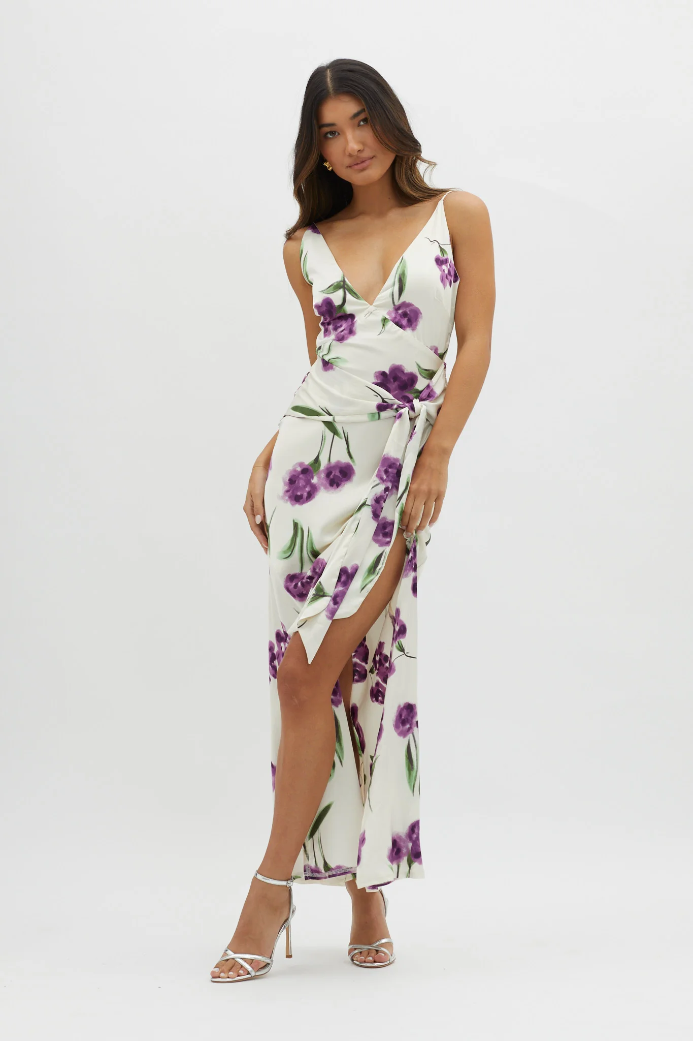Corinna Tied Waist Split Dress Floral Purple - Sonourner
