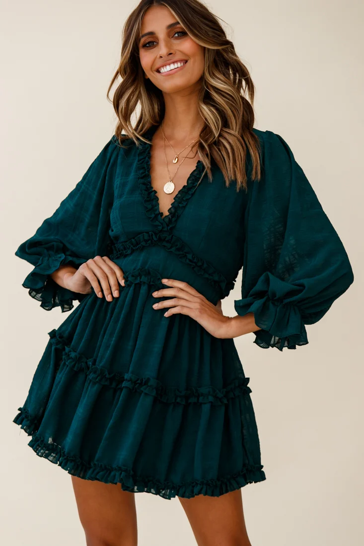 Laney Cutout Back Balloon Sleeve Dress Forest Green - Sonourner