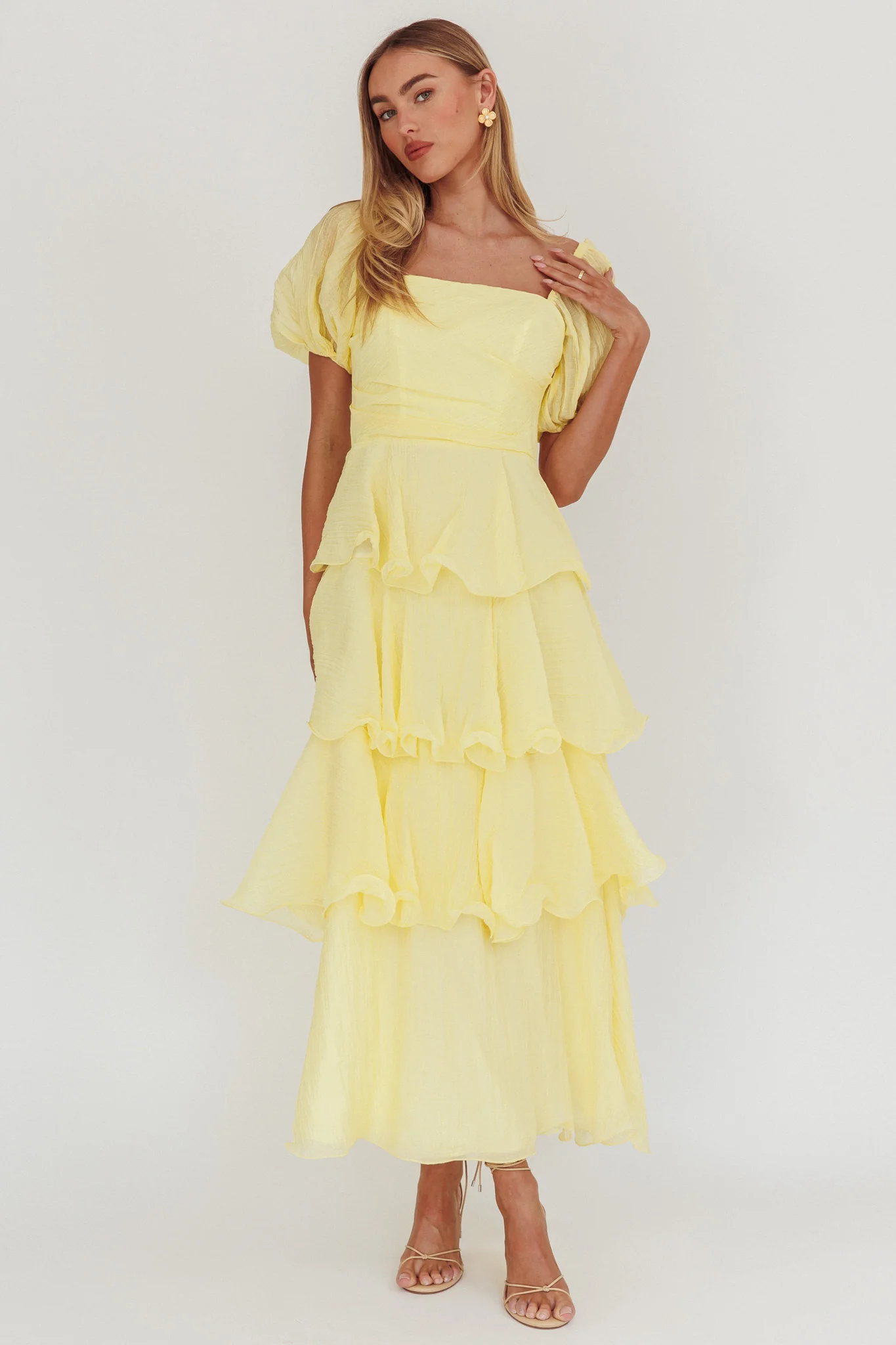 Giavana Puff Sleeve Layered Maxi Dress Lemon - Sonourner