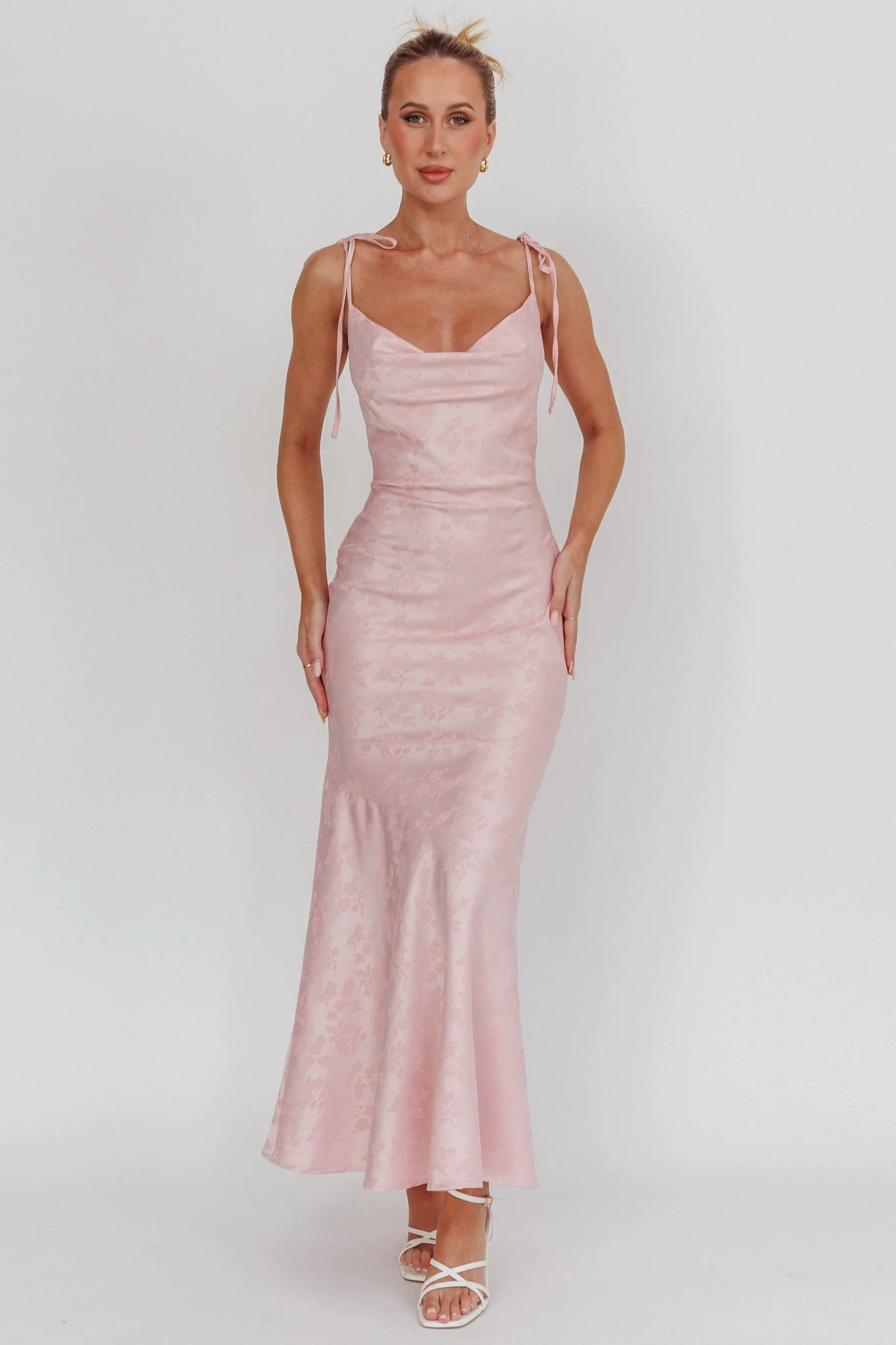 Belonging Cowl Neck Tied Shoulders Maxi Dress Blush - Sonourner
