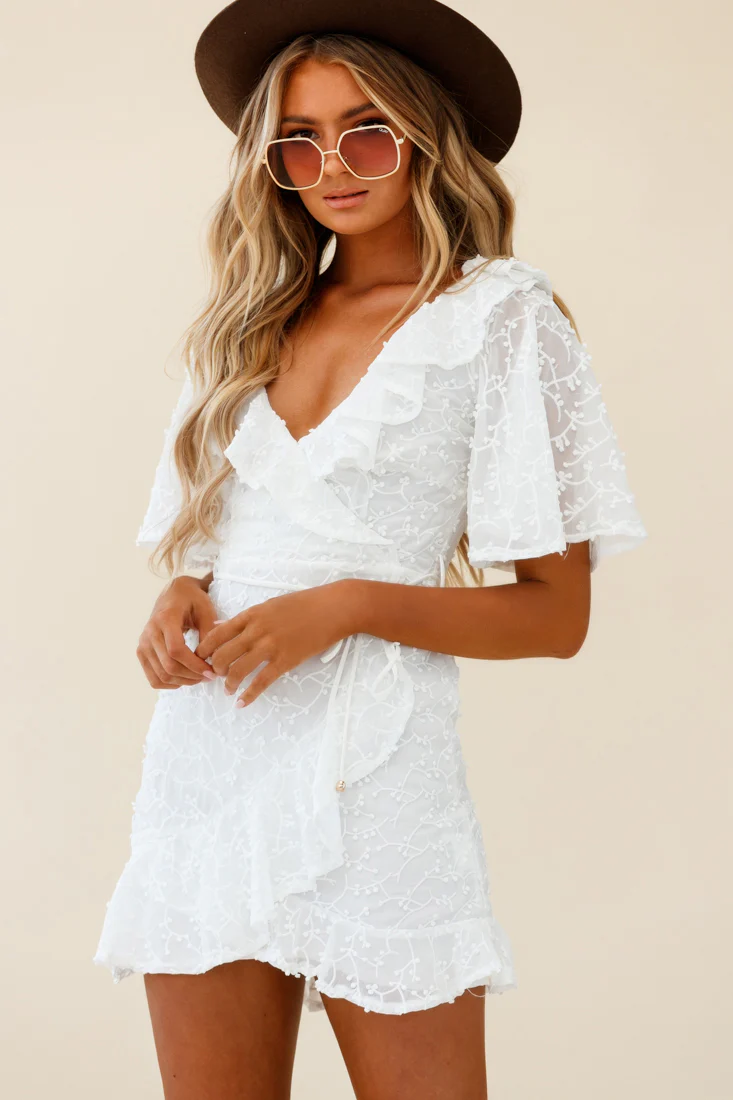 Bryana Angel Sleeve Ruffle Embellished Overlay Dress White - Sonourner