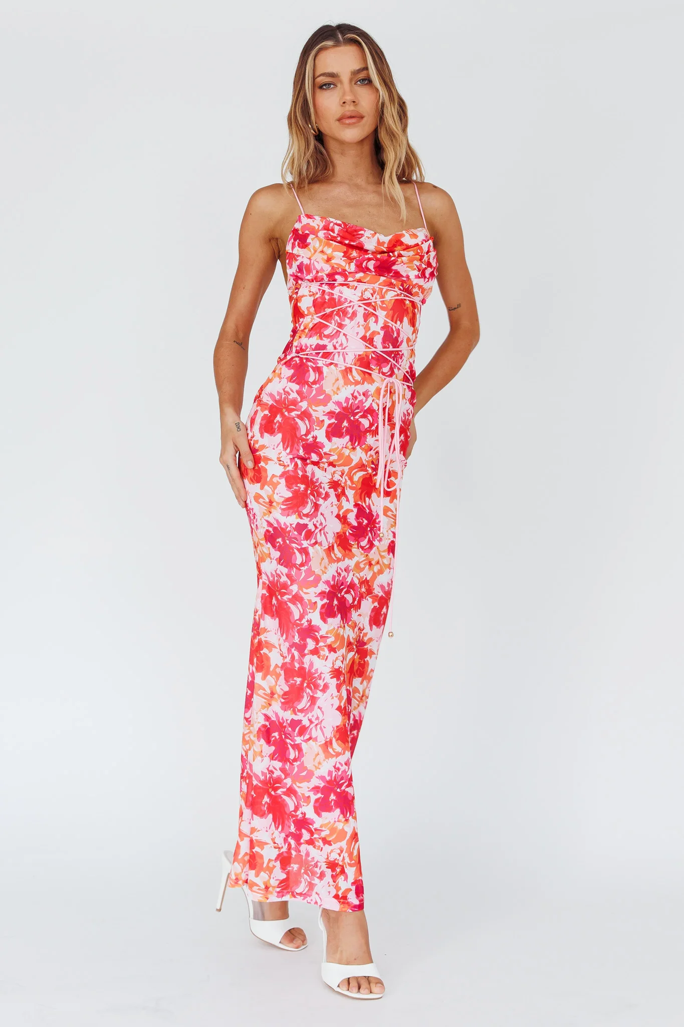 Teava Laced Waist Midi Dress Floral Red - Sonourner