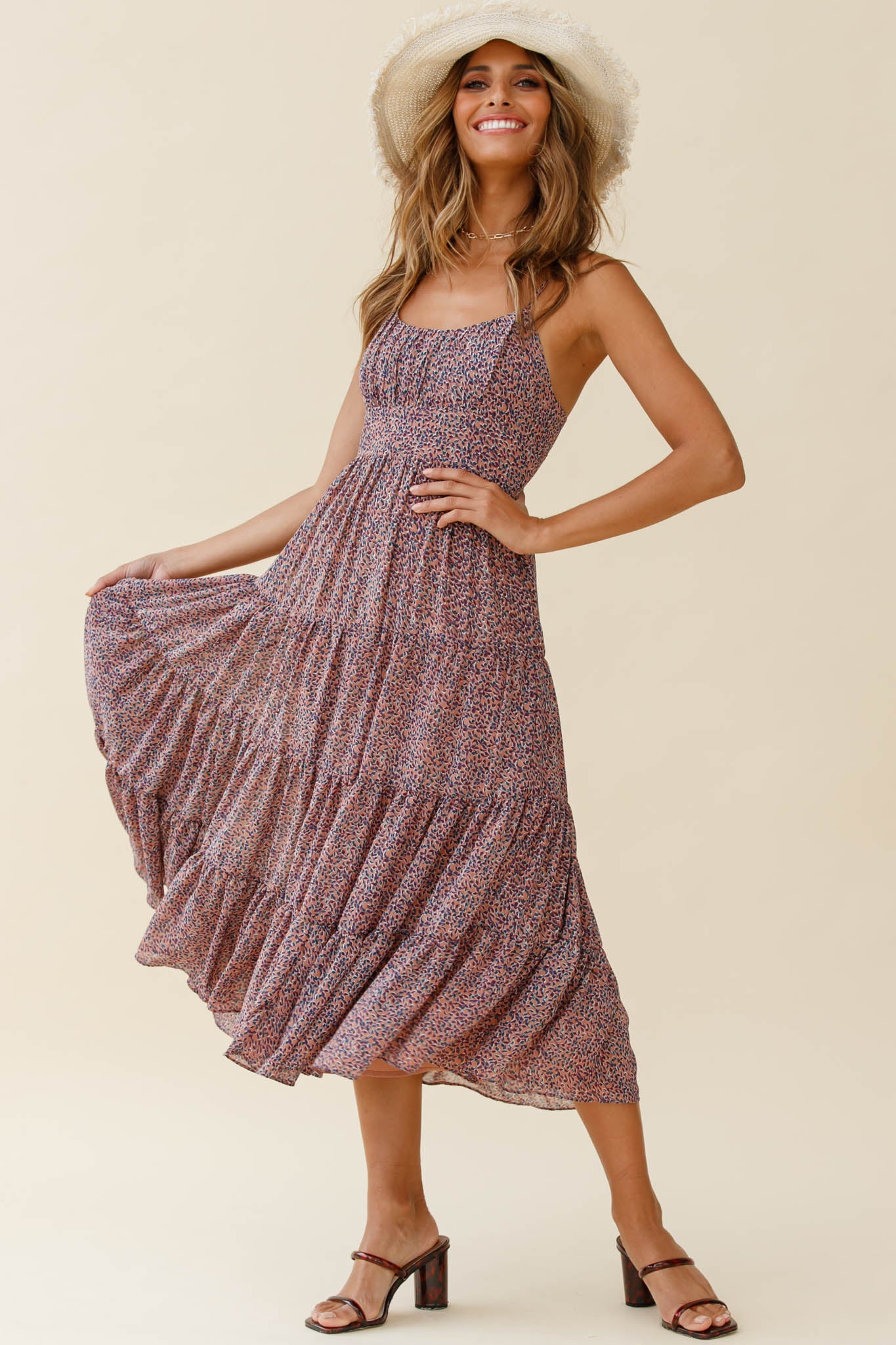 Eternal Sunshine Gathered Bust Midi Dress Leaf Print Purple Multi - Sonourner