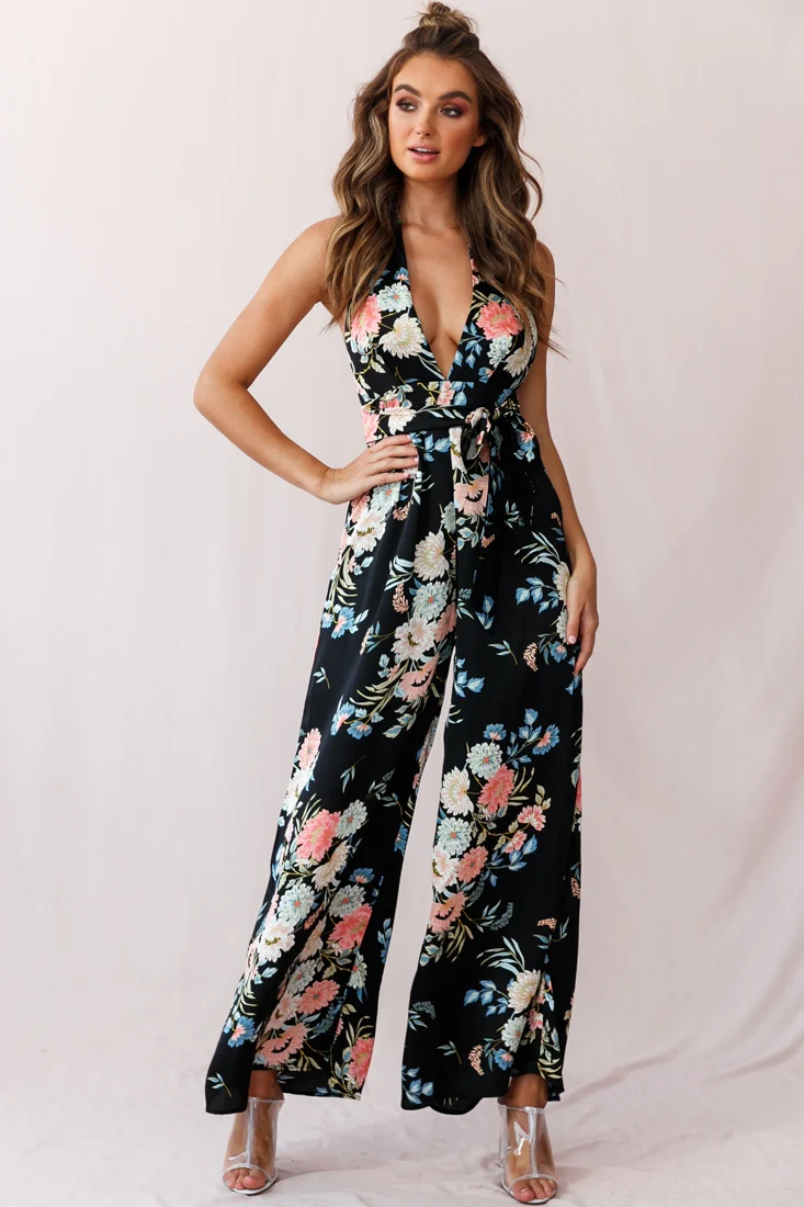 Make Me Halterneck Low Back Jumpsuit Floral Print Black - Sonourner