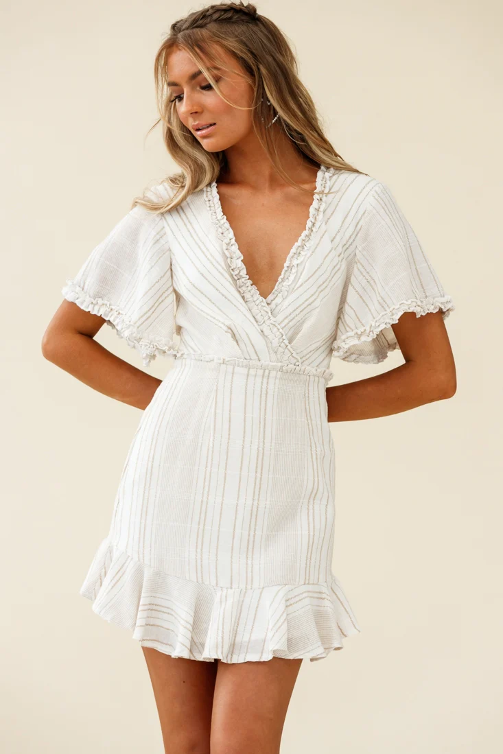 Ochre Open Back Bow Detail Dress Stripe Pattern White/Mocha - Sonourner
