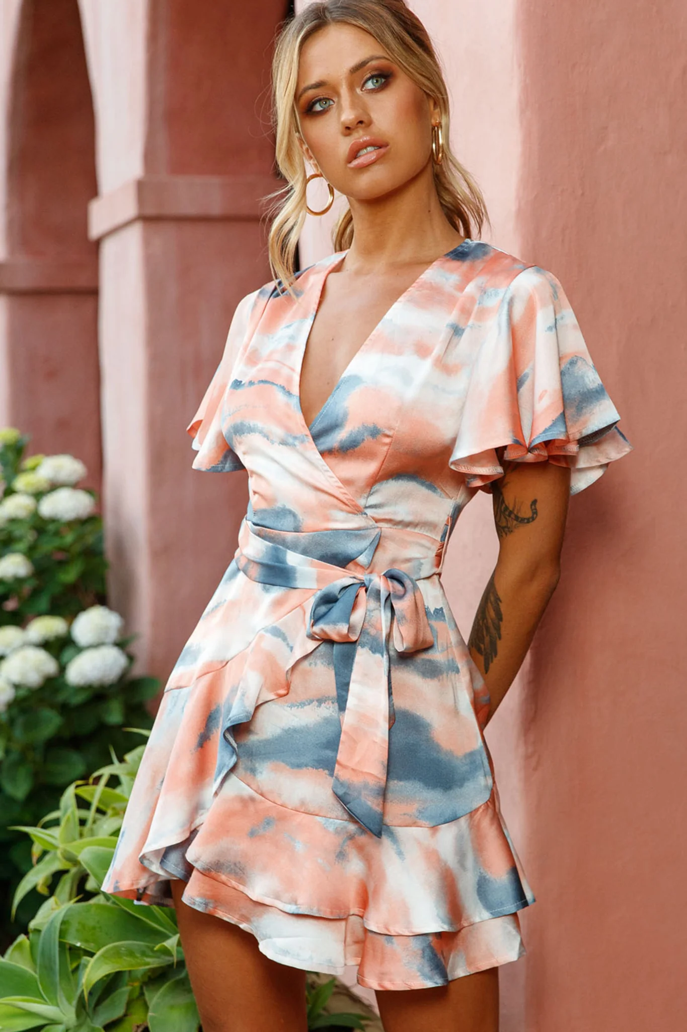 Cami Angel Sleeve Faux Wrap Dress Watercolor Print Multi - Sonourner