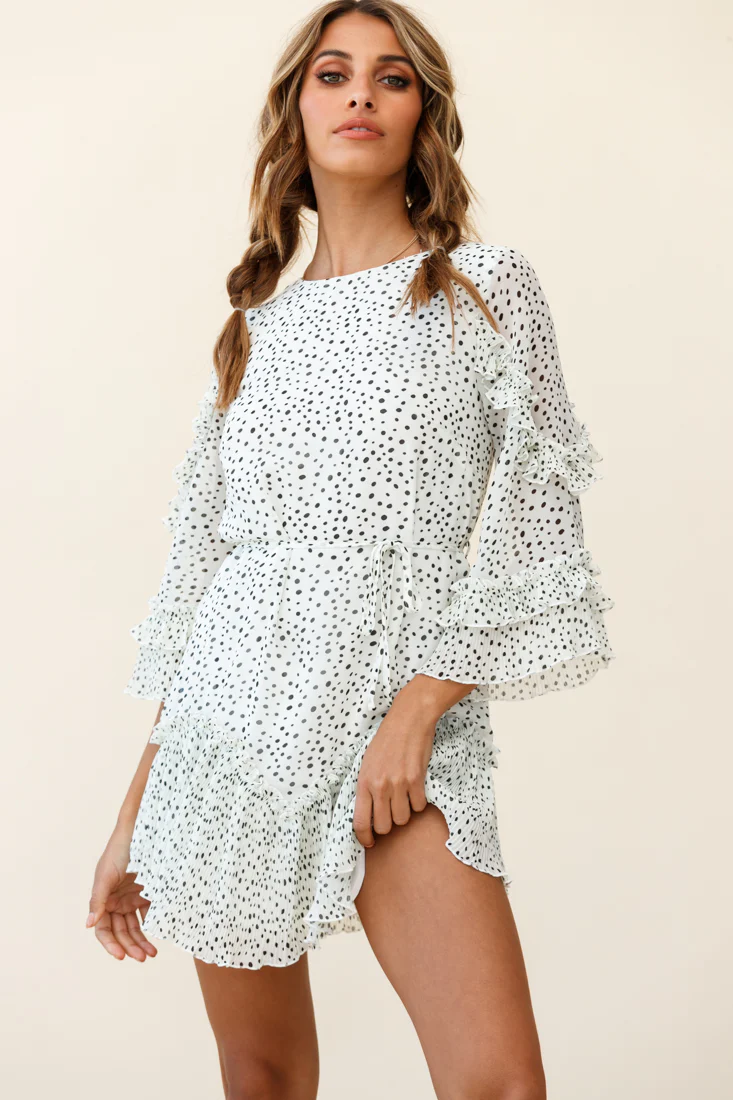 Yours Sincerely Three-Quarter Sleeve Accordion Pleat Dress Speckle Print White - Sonourner