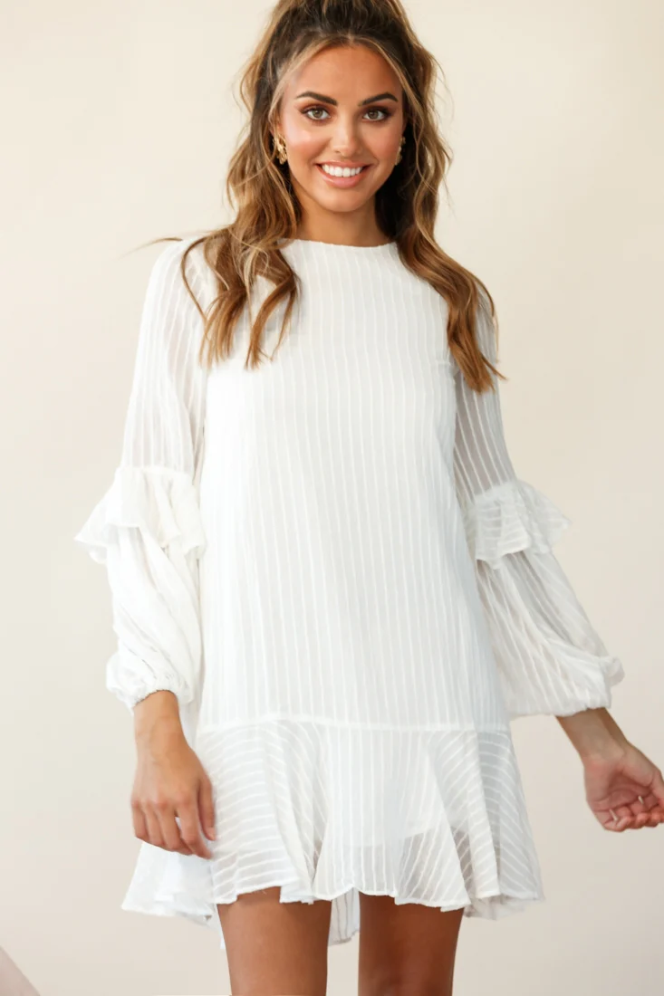 Cate Crew Neckline Balloon Sleeve Frill Dress White - Sonourner